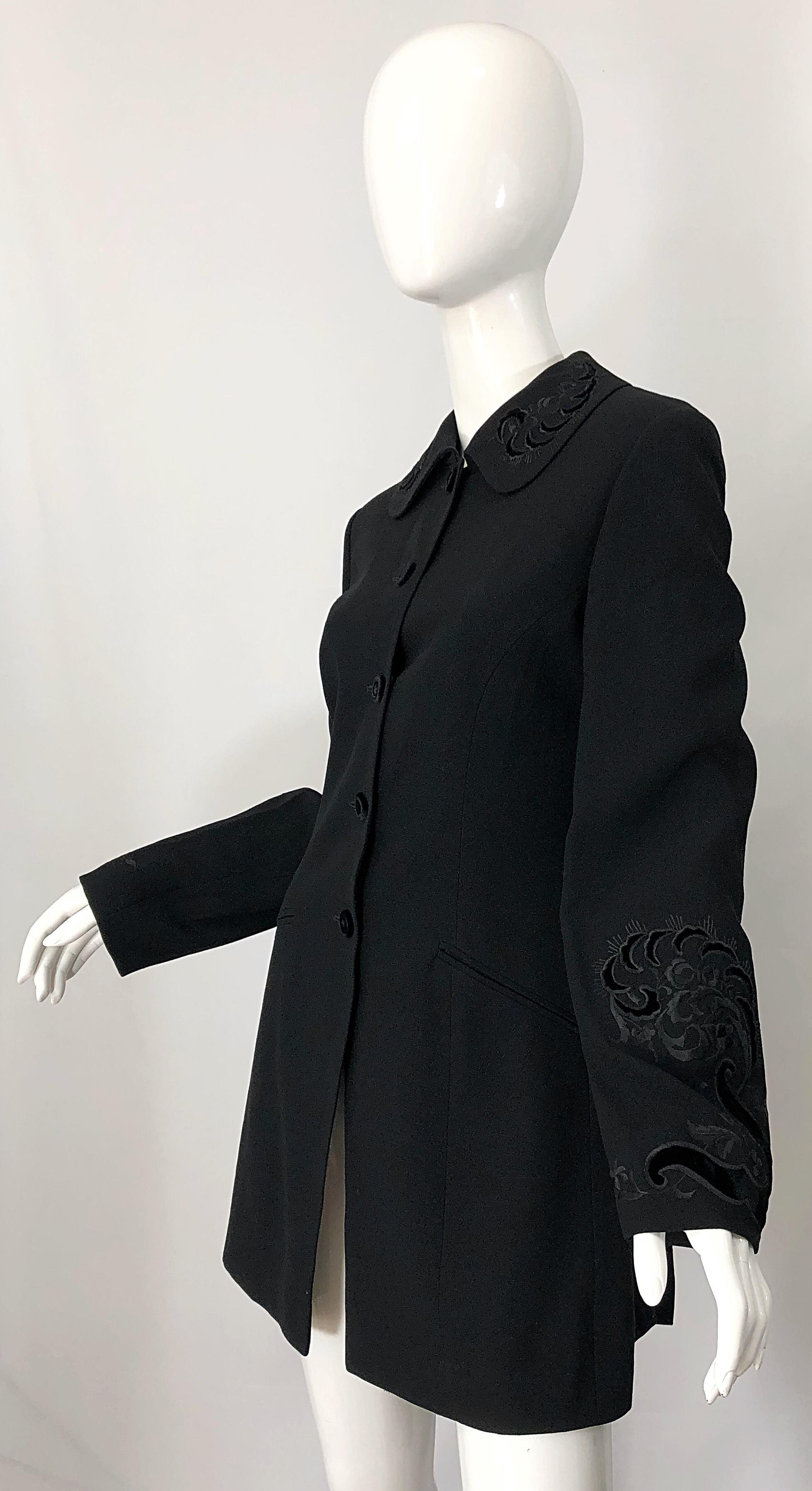 Vintage Alberta Ferretti Size 10 Black Embroidered 1990s 90s Long Jacket For Sale 7