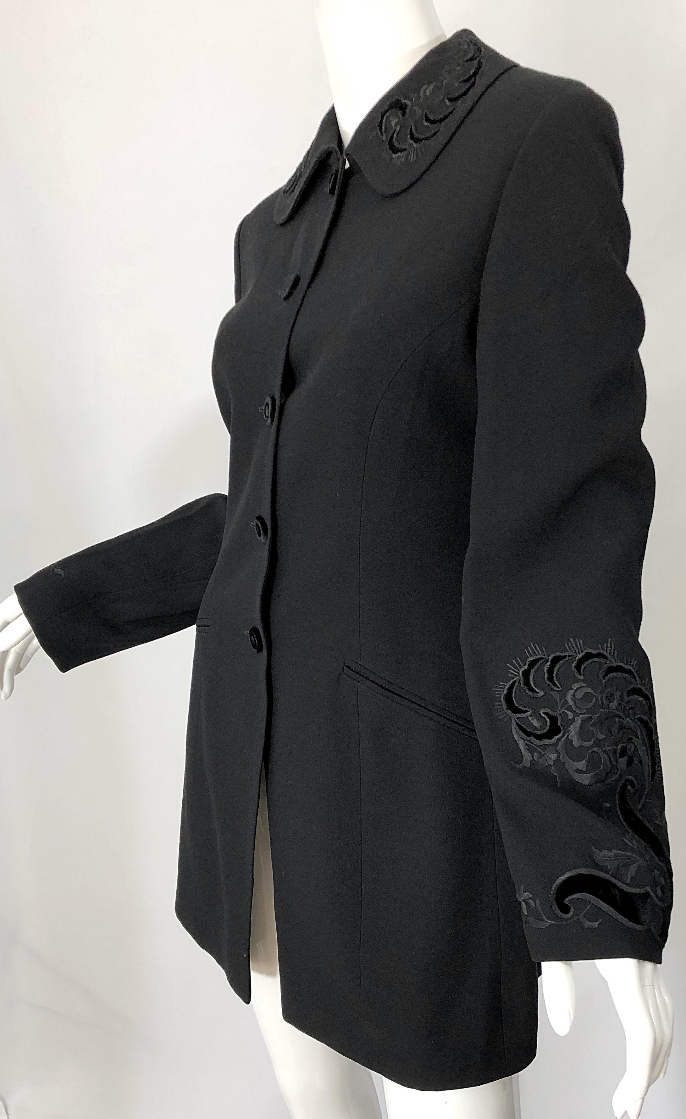 Vintage Alberta Ferretti Size 10 Black Embroidered 1990s 90s Long Jacket For Sale 2