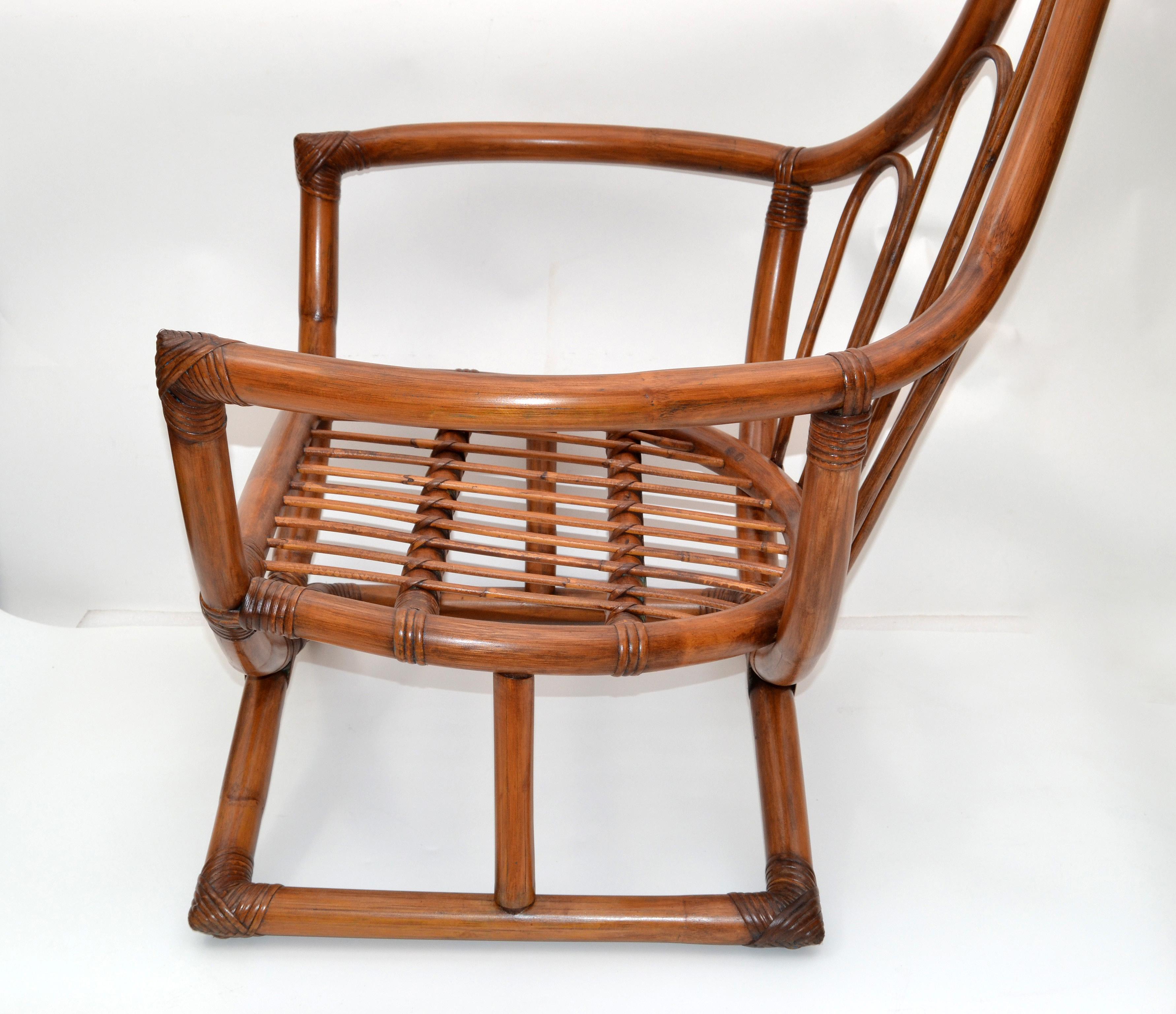 Italian 1970 Vintage Albini Style Handwoven Bamboo & Wicker Peacock Wingback Chair Italy For Sale
