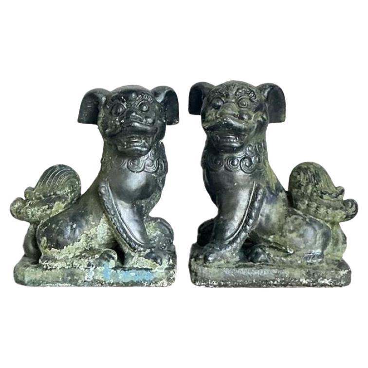 Vintage Albino Patinated Cast Cement Foo Dogs