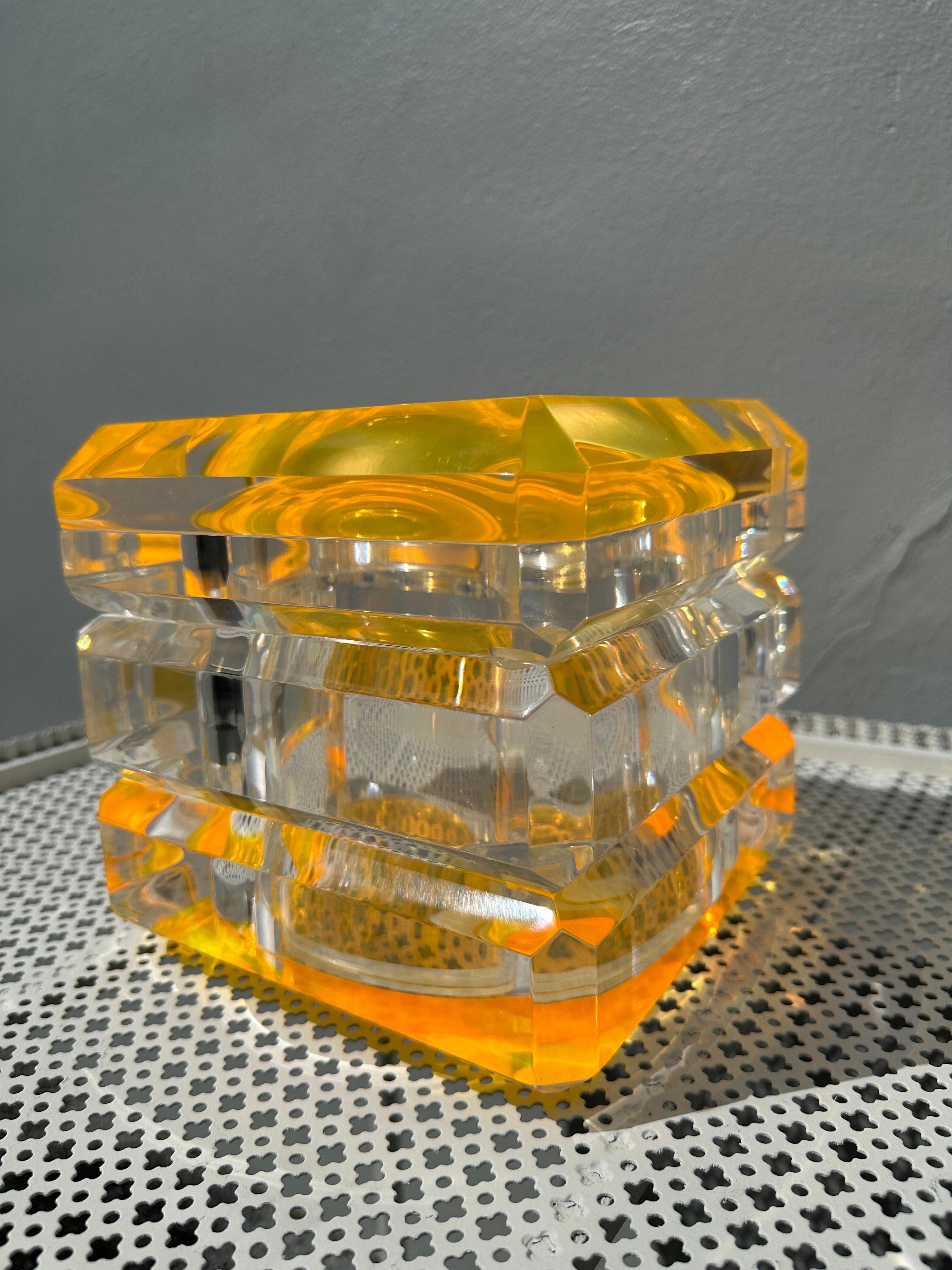 Mid-Century Modern Vintage Albrizzi Faceted Lucite Swivel Top Ice Bucket with Orange Infusion