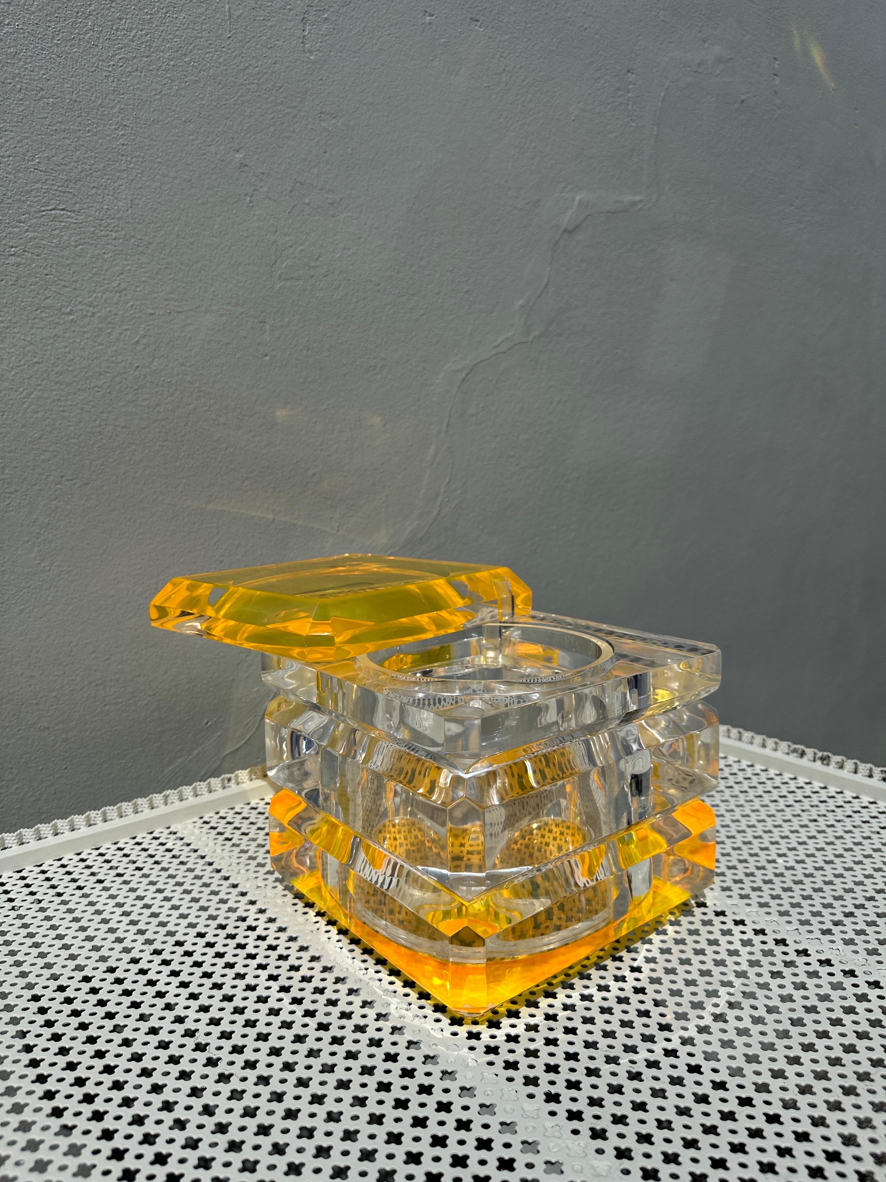 Italian Vintage Albrizzi Faceted Lucite Swivel Top Ice Bucket with Orange Infusion