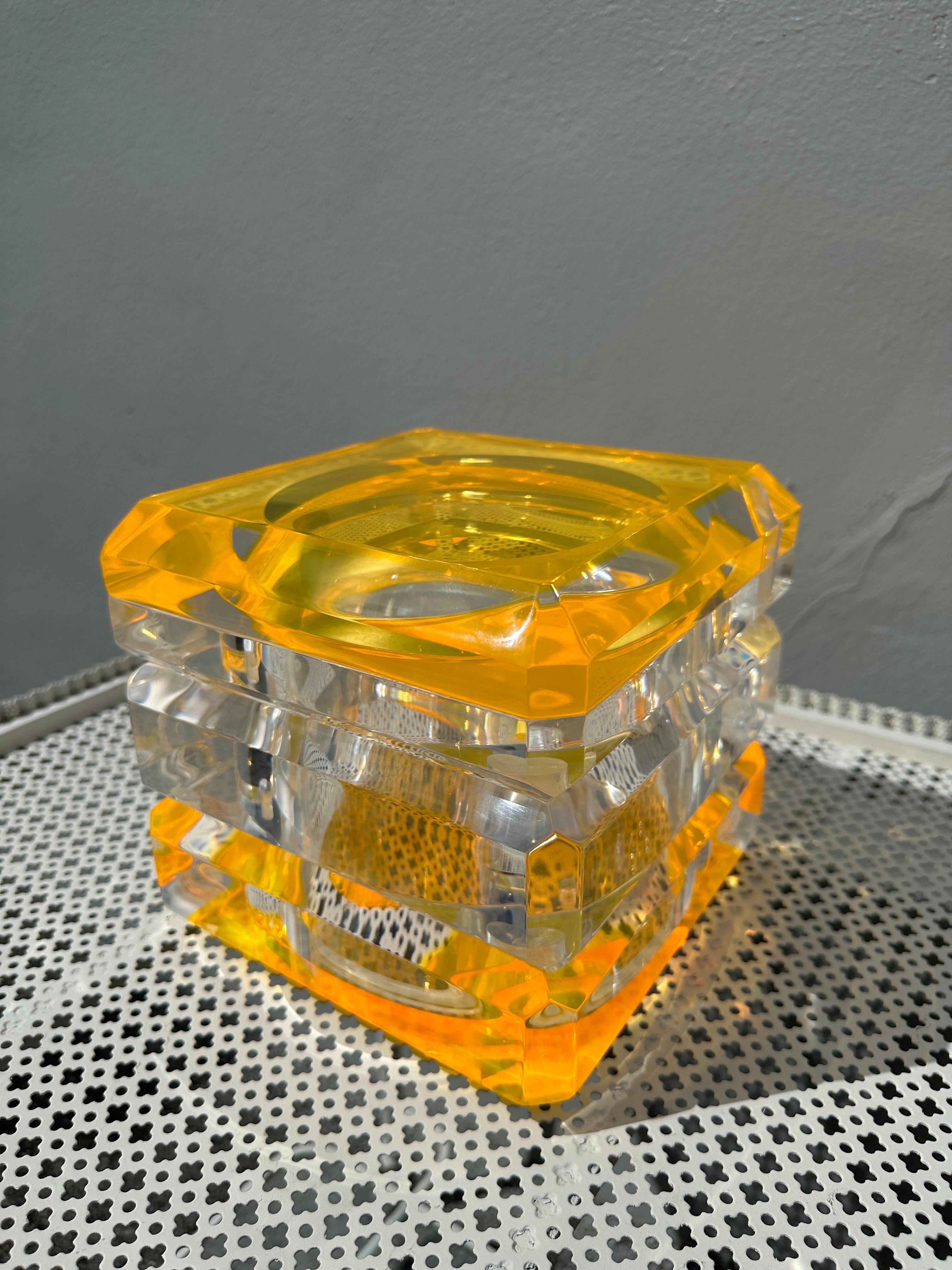 Late 20th Century Vintage Albrizzi Faceted Lucite Swivel Top Ice Bucket with Orange Infusion