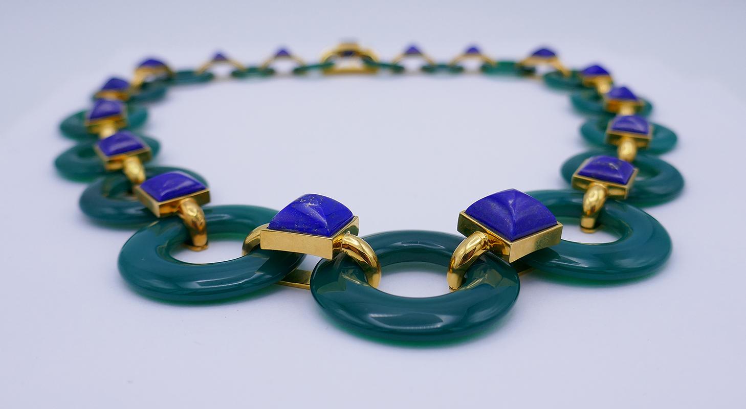 Vintage Aldo Cipullo Necklace 18k Gold Chrysoprase Lapis Lazuli Estate Jewelry Unisexe en vente