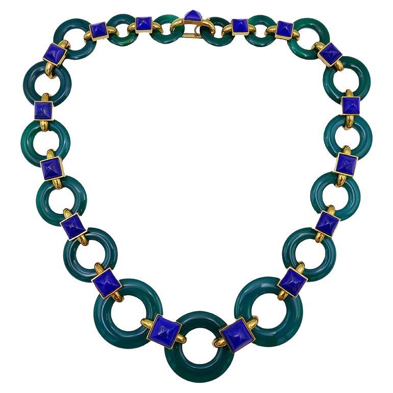 Vintage Aldo Cipullo Necklace 18k Gold Chrysoprase Lapis Lazuli Estate Jewelry en vente