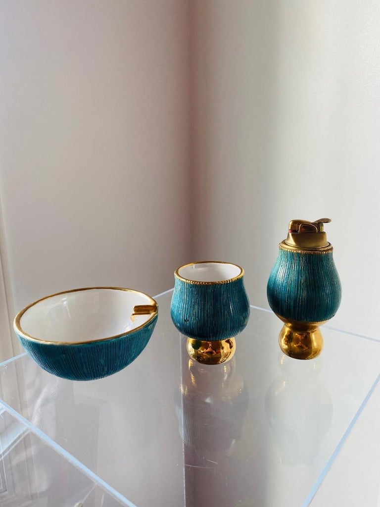 Vintage Aldo Londi Bitossi Ceramic Ashtray, Lighter and Cigarette