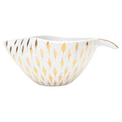 Vintage Aldo Londi Bitossi Bol en céramique plume blanc, or Italie 1960's