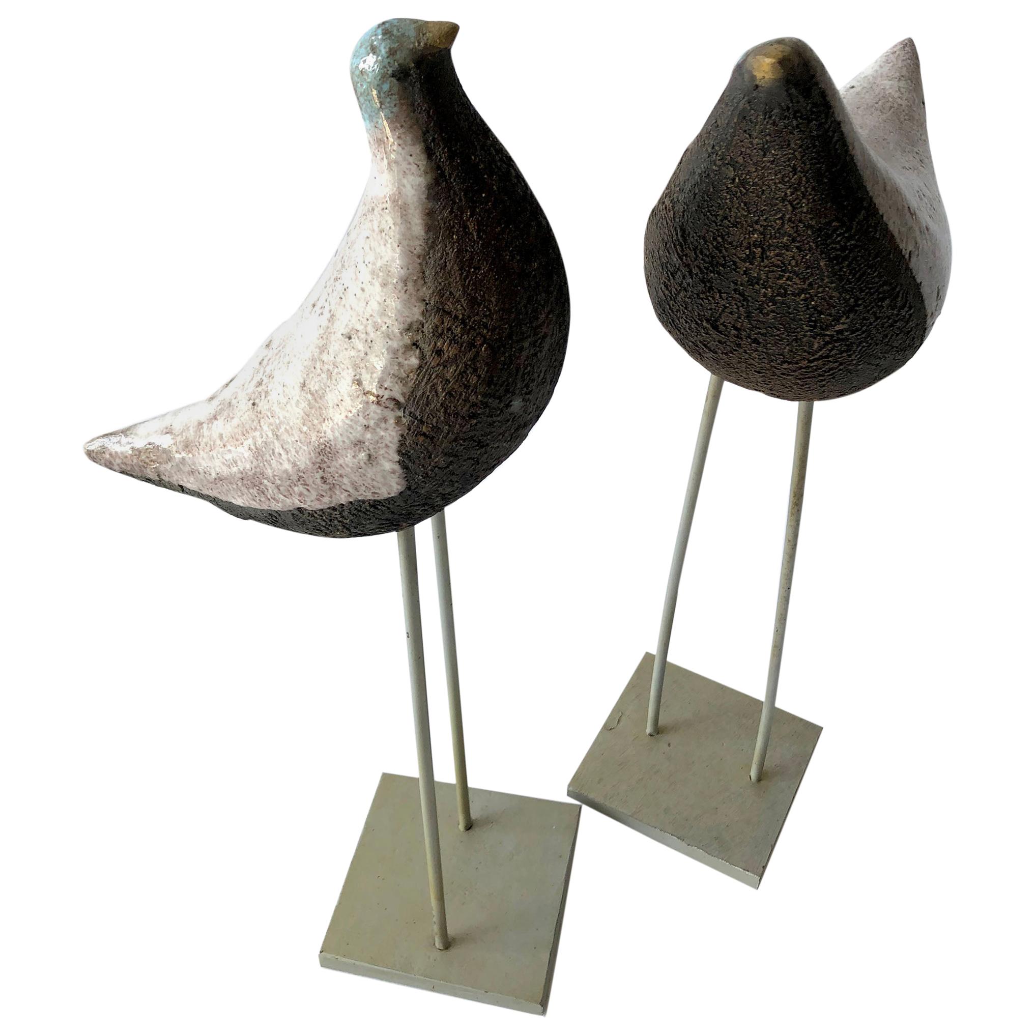 Vintage Aldo Londi Bitossi Italian Modernist Ceramic Pair of Birds Sculptures