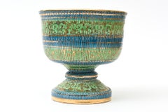 Vintage Aldo Londi for Bitossi Seta Ceramic Pedestal Bowl Gold, Greens, Blues