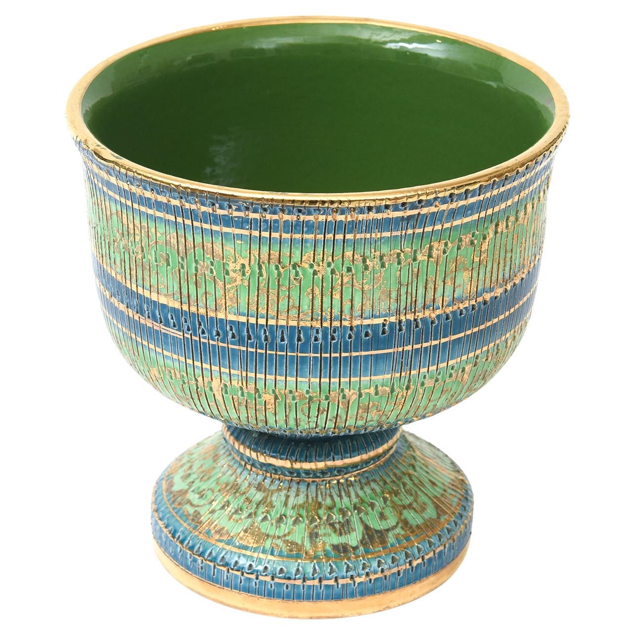 Vintage Aldo Londi per Bitossi Seta Ciotola con piedistallo in ceramica Oro, Greene, Blues