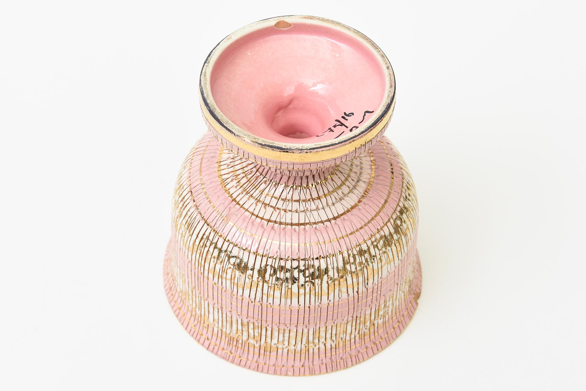 Vintage By Aldo Londi für Bitossi Seta Keramik Sockel Schüssel Rosa, Gold Off White im Angebot 5