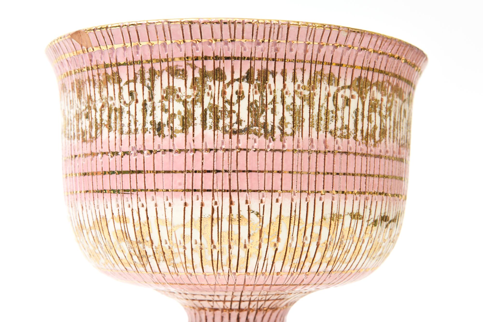 Vintage By Aldo Londi für Bitossi Seta Keramik Sockel Schüssel Rosa, Gold Off White (Italienisch) im Angebot