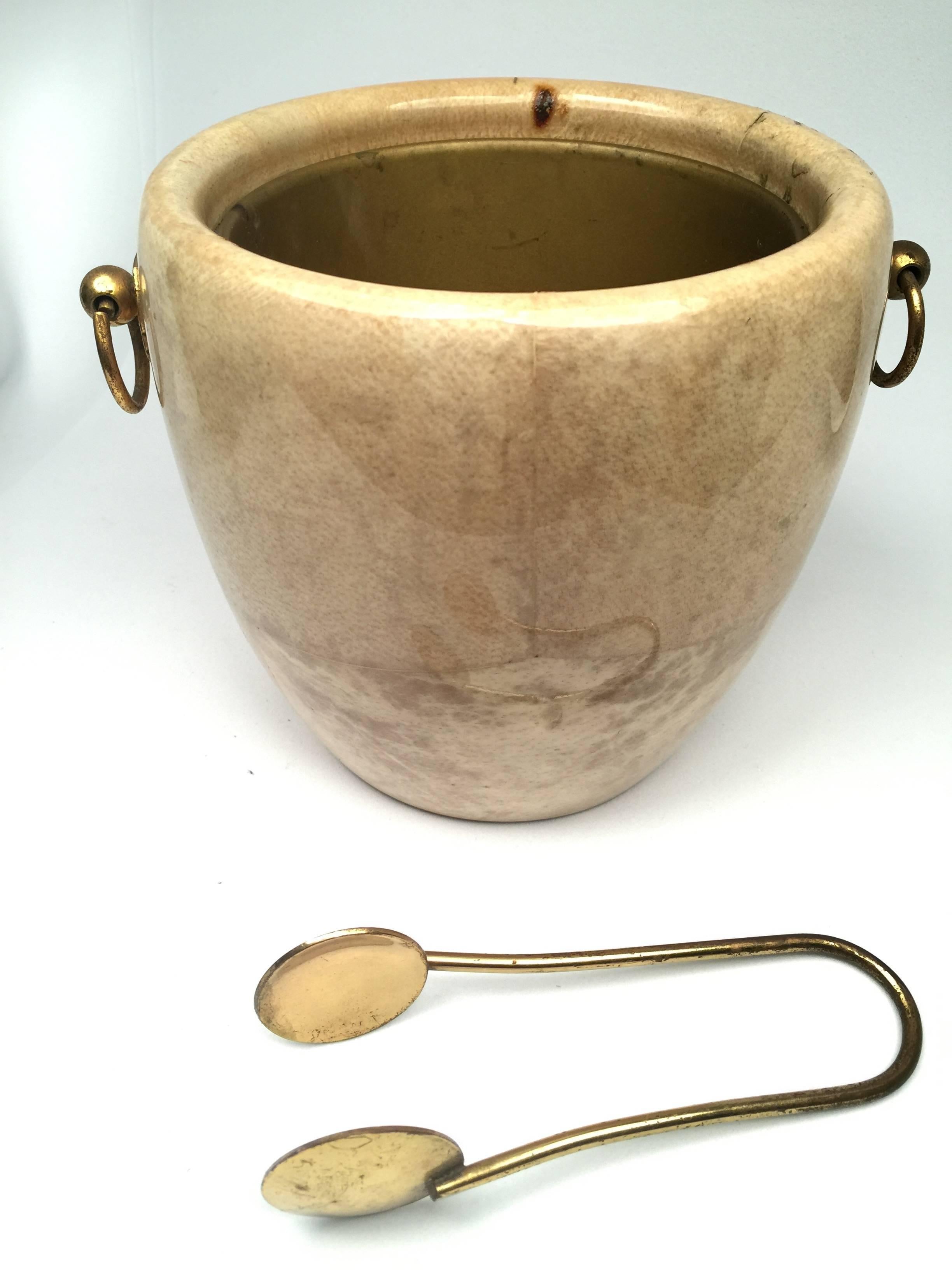 Italian Vintage Aldo Tura Beige Goatskin and Brass Ice Bucket, 1940s, Italy