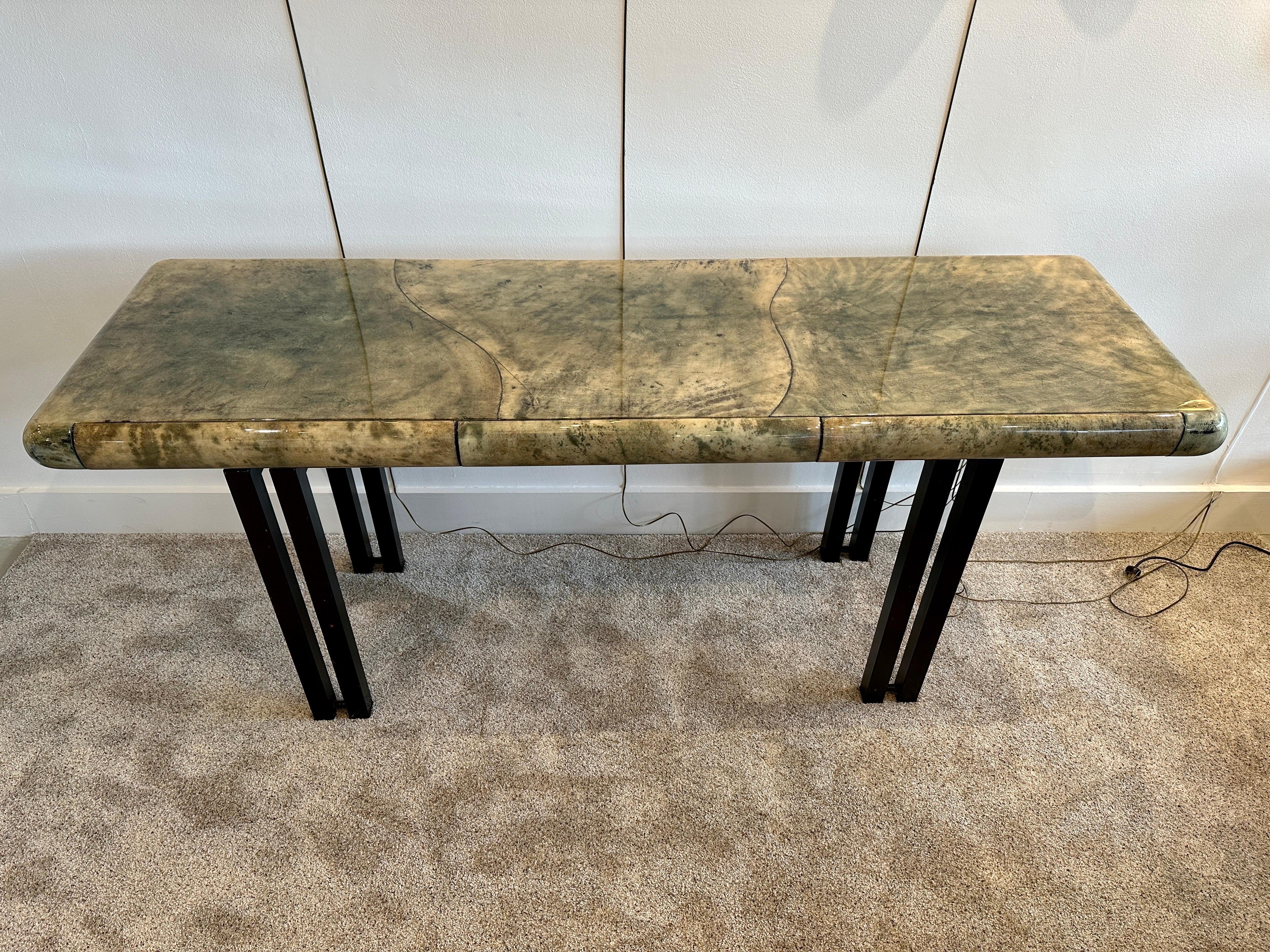 Vintage Aldo Tura Green Lacquered Goatskin Console Table For Sale 1
