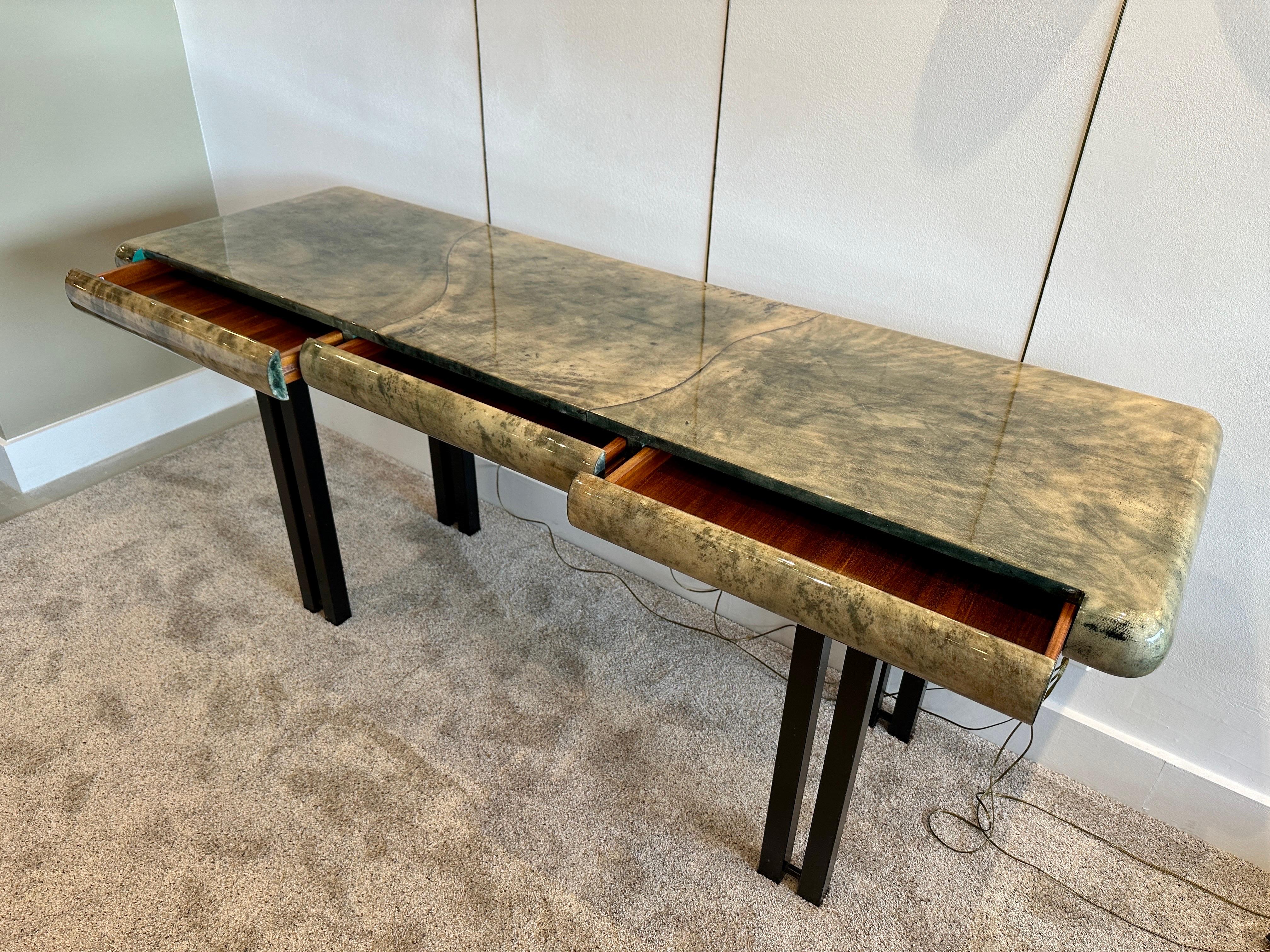 Vintage Aldo Tura Green Lacquered Goatskin Console Table For Sale 2