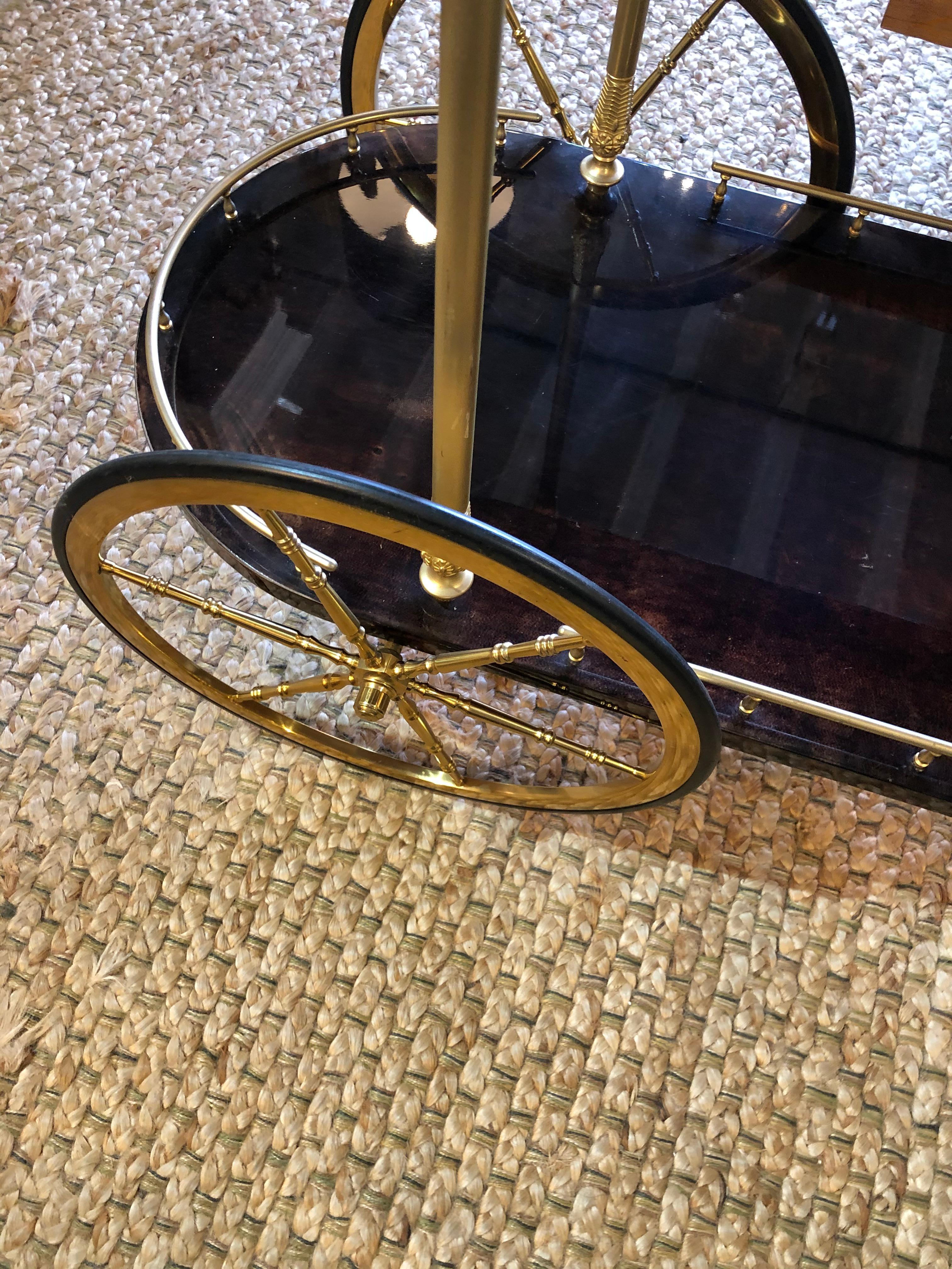 Mid-Century Modern Vintage Aldo Tura Lacquered Goatskin Bar Cart with Gilt Brass Accents