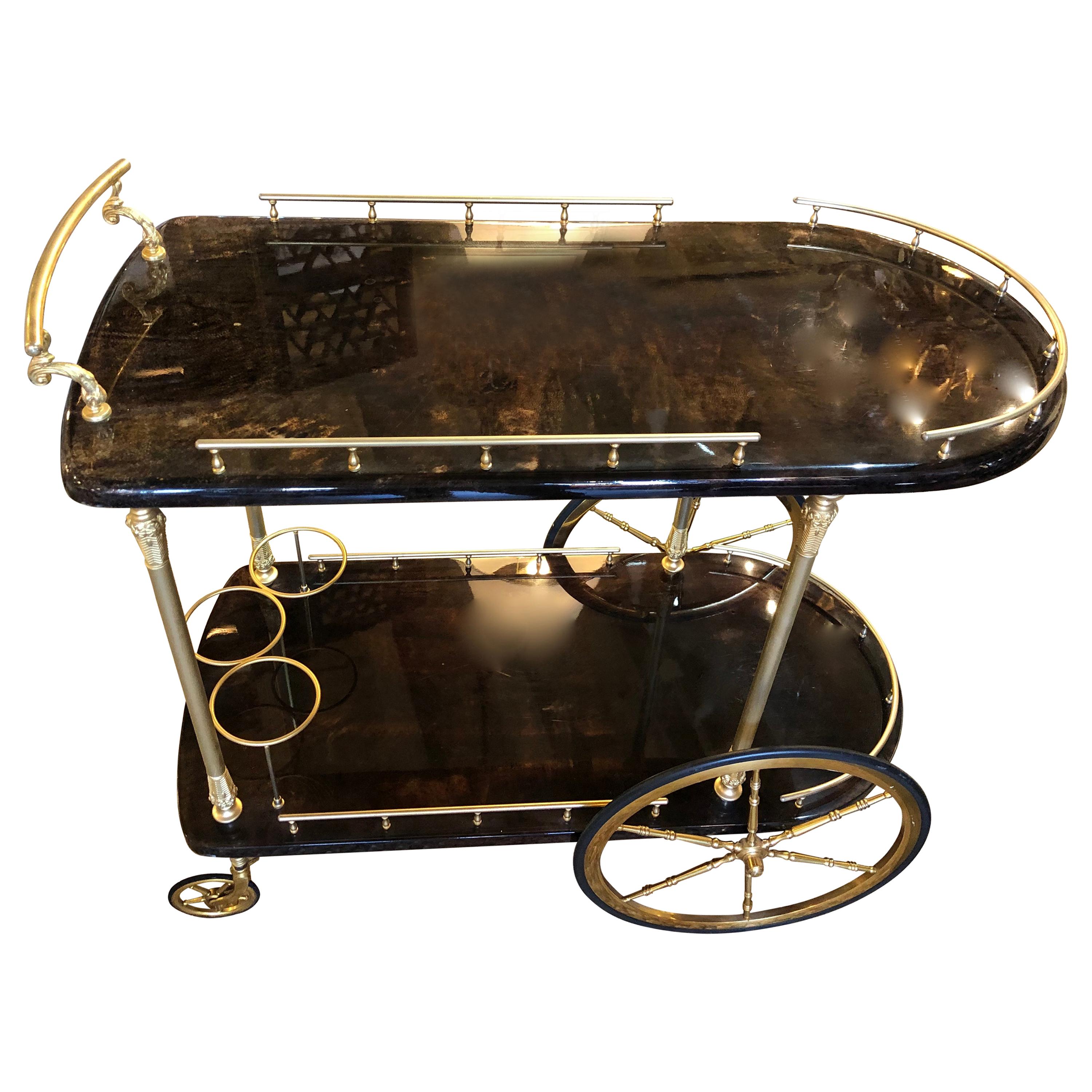 Vintage Aldo Tura Lacquered Goatskin Bar Cart with Gilt Brass Accents