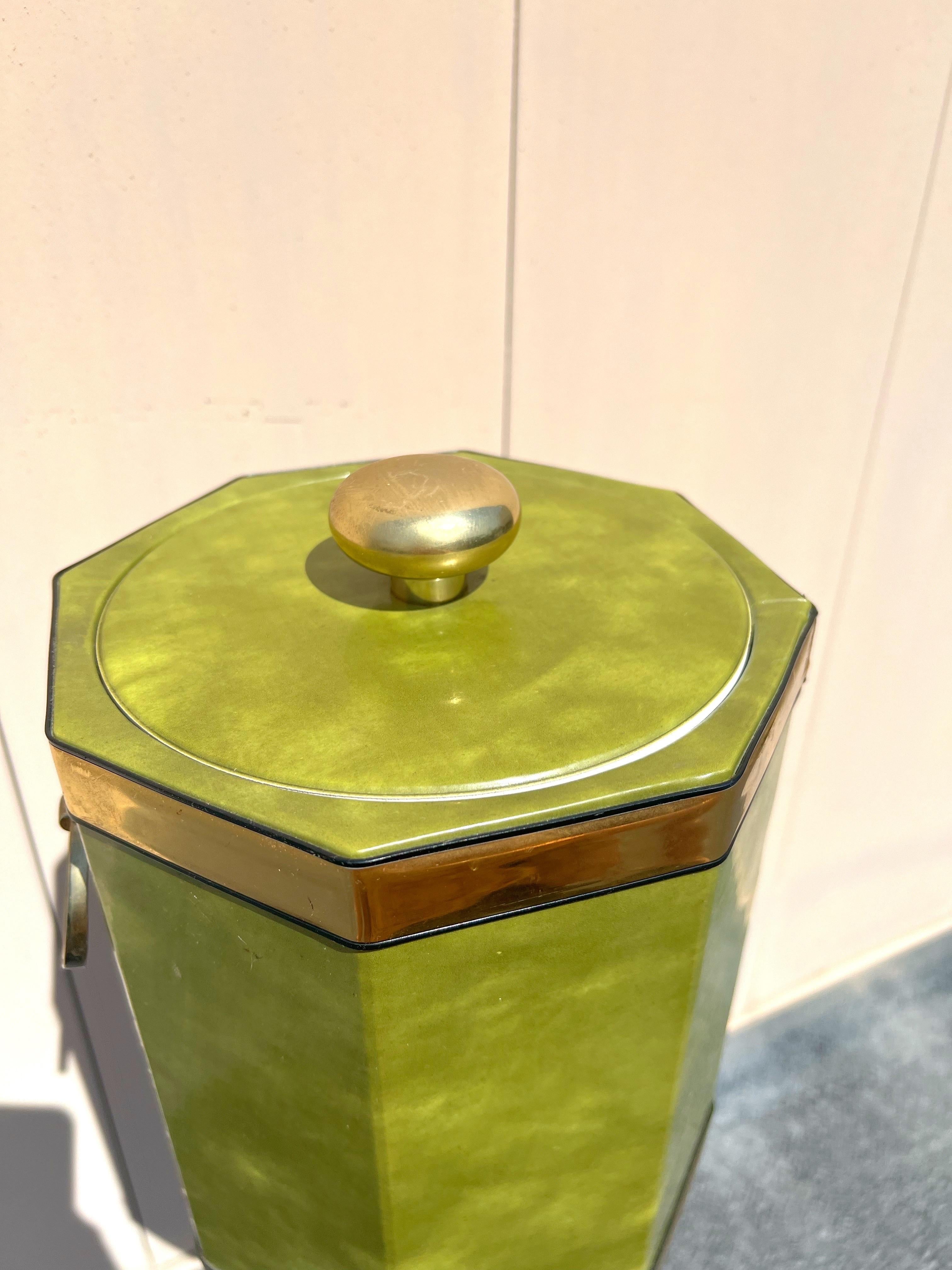 Vintage Aldo Tura Style Lacquered Parchment and Brass Ice Bucket on Brass Stand 1