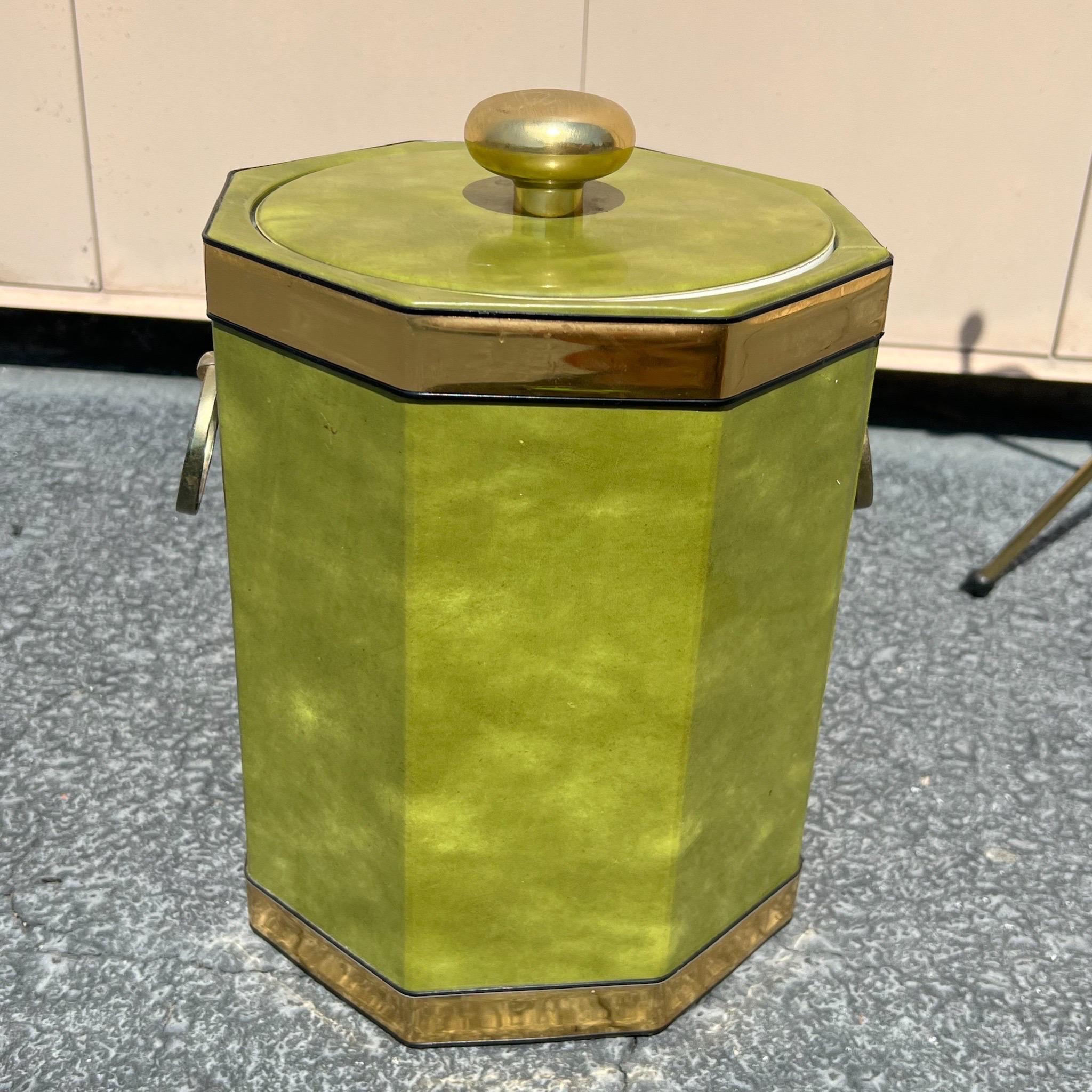Vintage Aldo Tura Style Lacquered Parchment and Brass Ice Bucket on Brass Stand 2