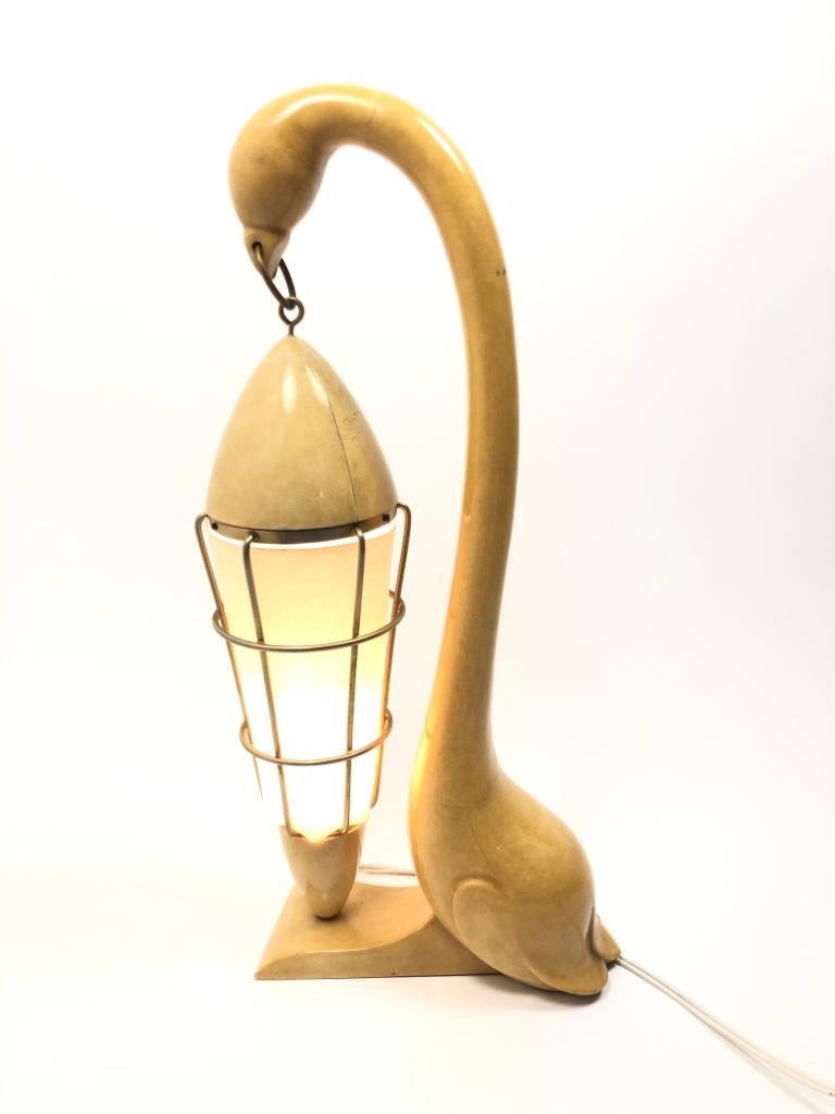 Vintage Aldo Tura Swan Goatskin Wood and Brass Lamp, 1950s, Italy For Sale 5