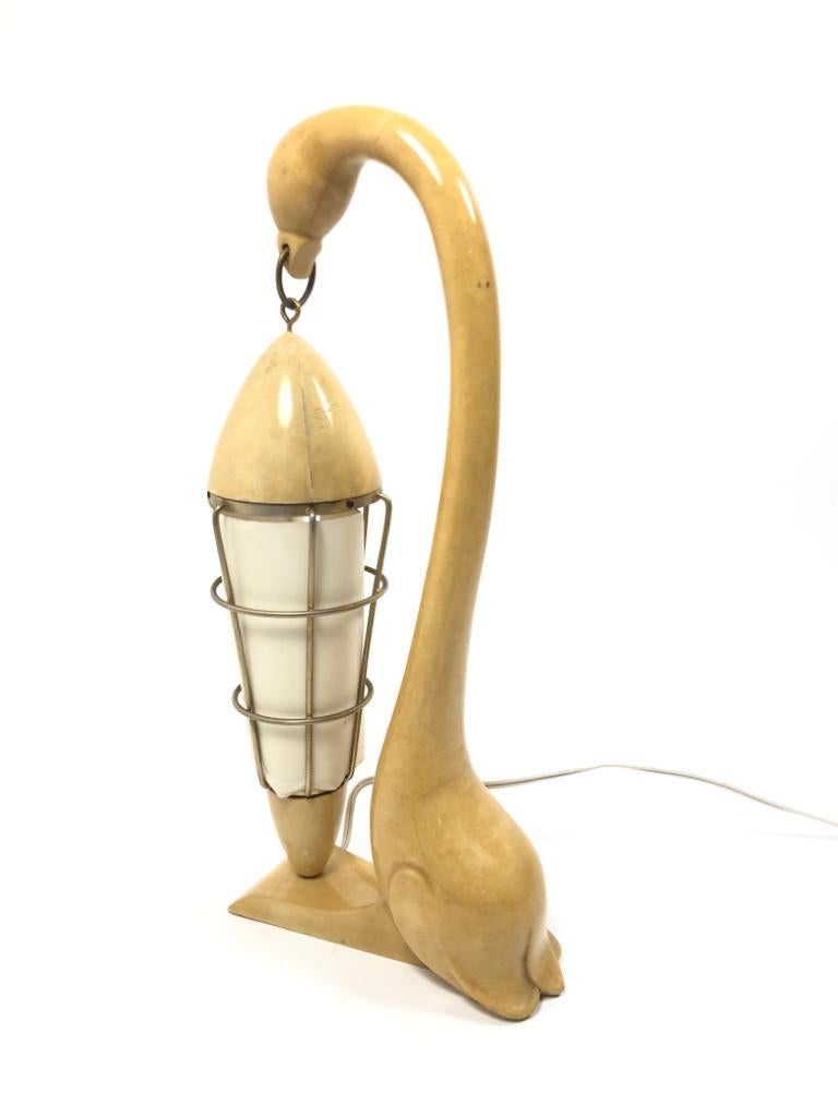 Italian Vintage Aldo Tura Swan Goatskin Wood and Brass Lamp, 1950s, Italy For Sale