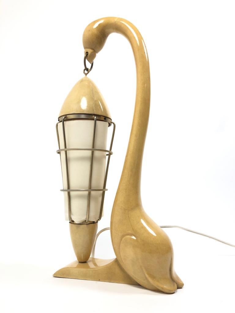 Italian Vintage Aldo Tura Swan Goatskin Wood and Brass Lamp, 1950s, Italy For Sale