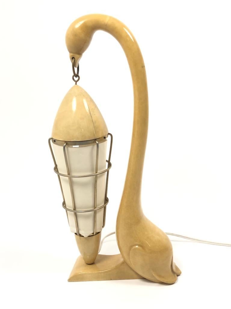 Mid-20th Century Vintage Aldo Tura Swan Goatskin Wood and Brass Lamp, 1950s, Italy For Sale