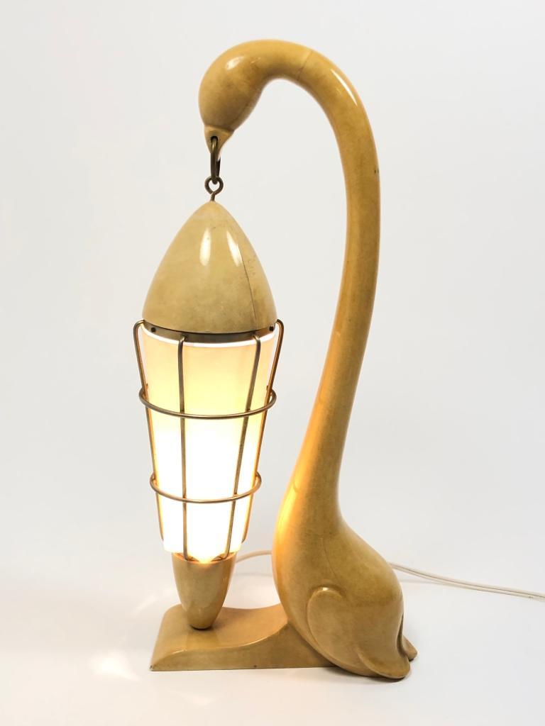 Vintage Aldo Tura Swan Goatskin Wood and Brass Lamp, 1950s, Italy For Sale 1