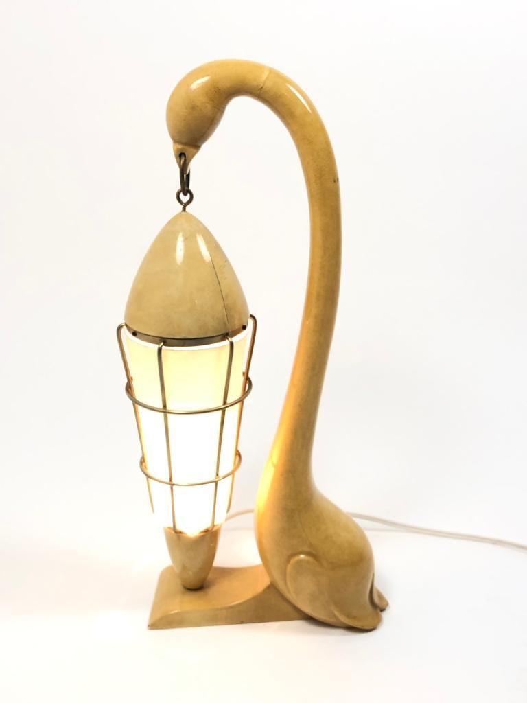 Vintage Aldo Tura Swan Goatskin Wood and Brass Lamp, 1950s, Italy For Sale 2