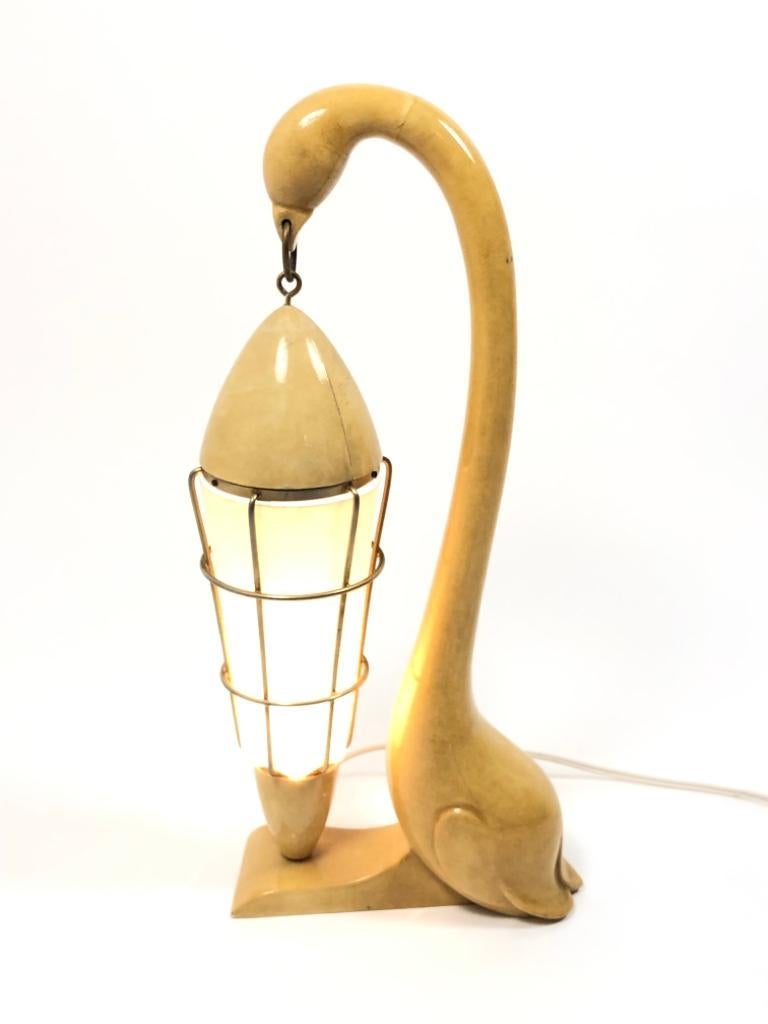 Vintage Aldo Tura Swan Goatskin Wood and Brass Lamp, 1950s, Italy For Sale 3
