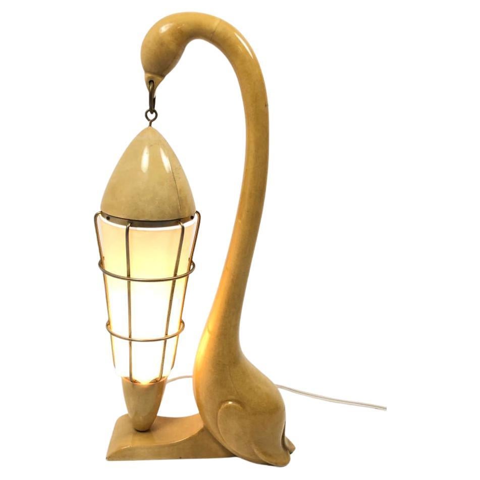 Vintage Aldo Tura Swan Goatskin Wood and Brass Lamp, 1950s, Italy For Sale
