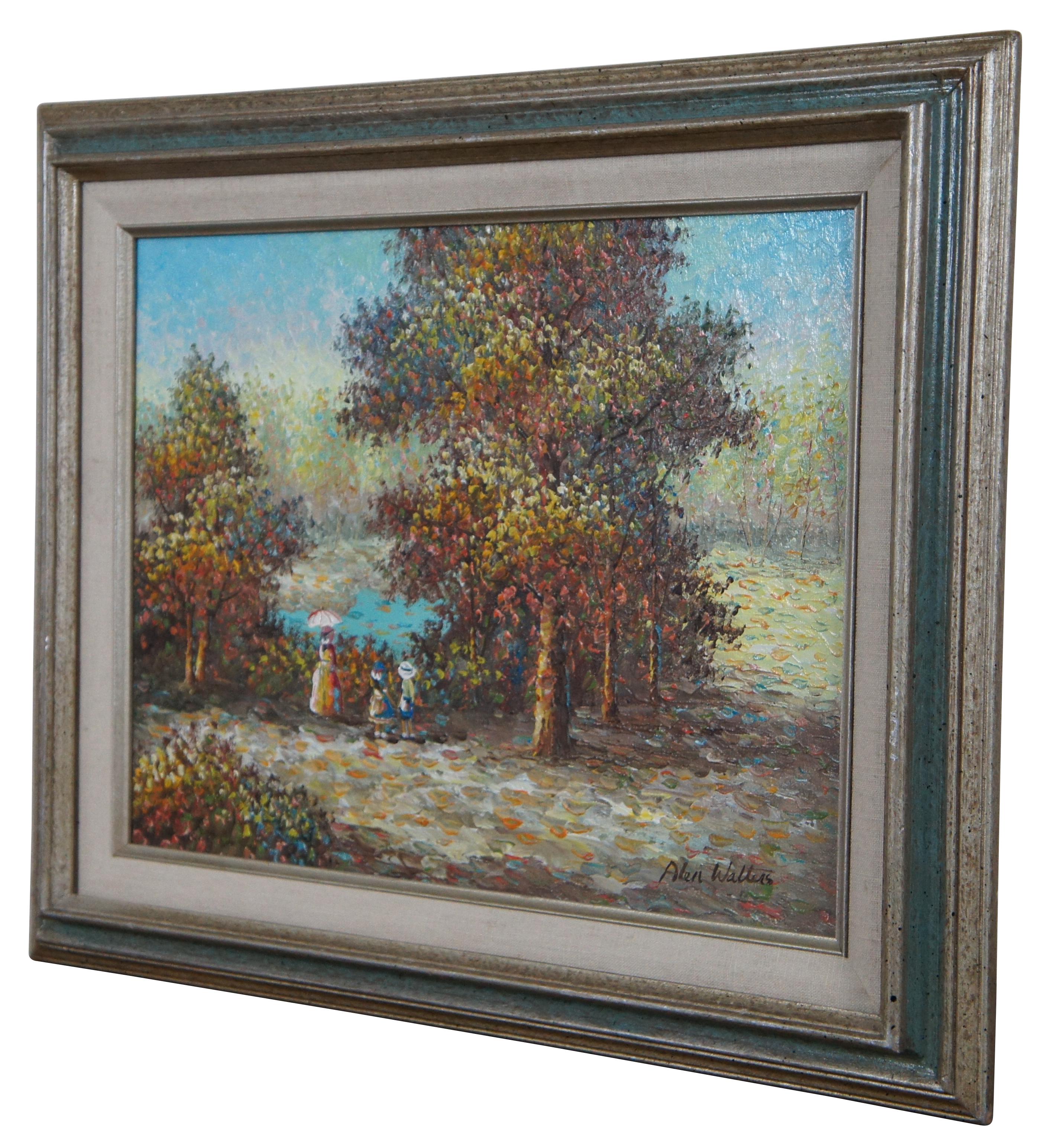 Vintage oil on canvas impressionist / expressionist style painting signed by artist Alen Walters, showing a tree lined landscape by a pond with three figures in Victorian dress.

Measures: 21” x 1” x 17” / Sans Frame - 15.75” x 11.75” (Width x