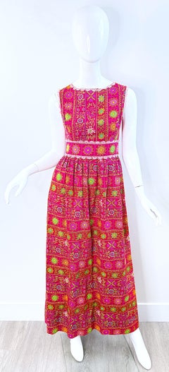 Vintage Alex Colman 1970s Pink Floral Print Bohemian Cotton 70s Maxi Dress Gown
