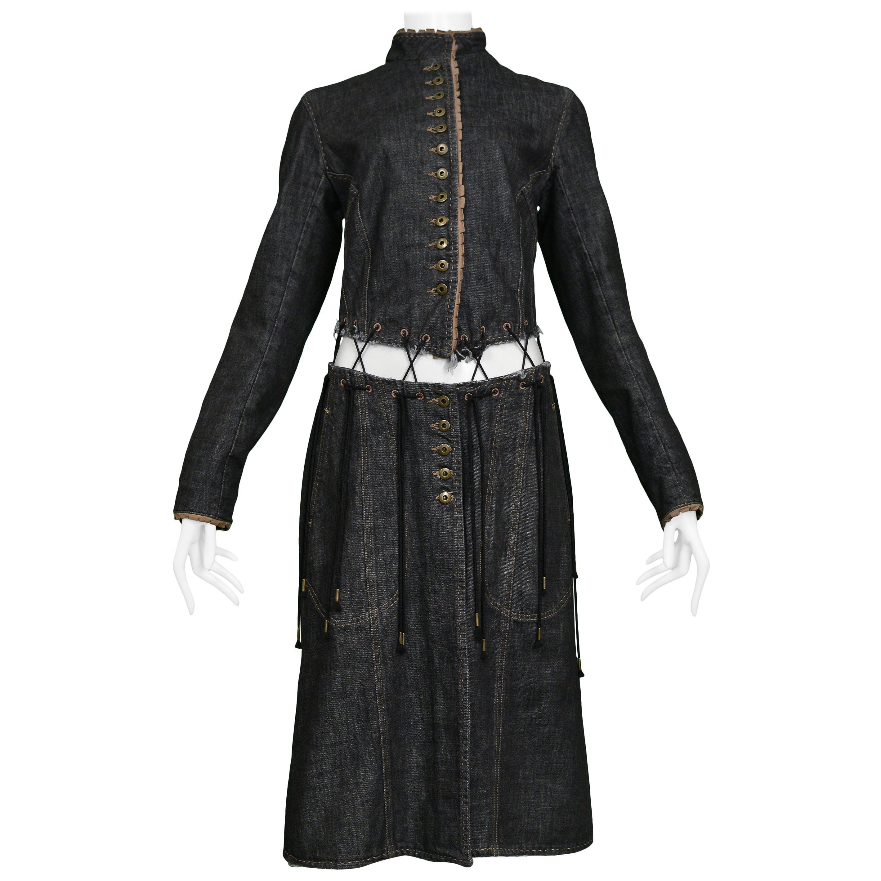 Vintage Alexander Mcqueen Black Denim "Irere" Coat with Laces 2003 For Sale