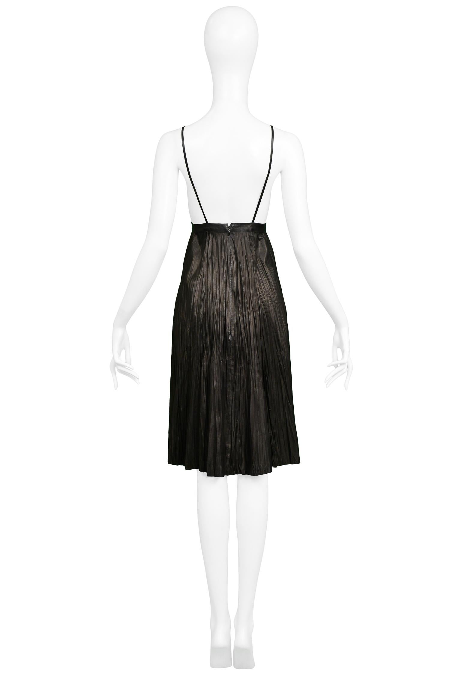 Vintage Alexander McQueen Black Leather Fortuny Crinkle Dress In Excellent Condition For Sale In Los Angeles, CA