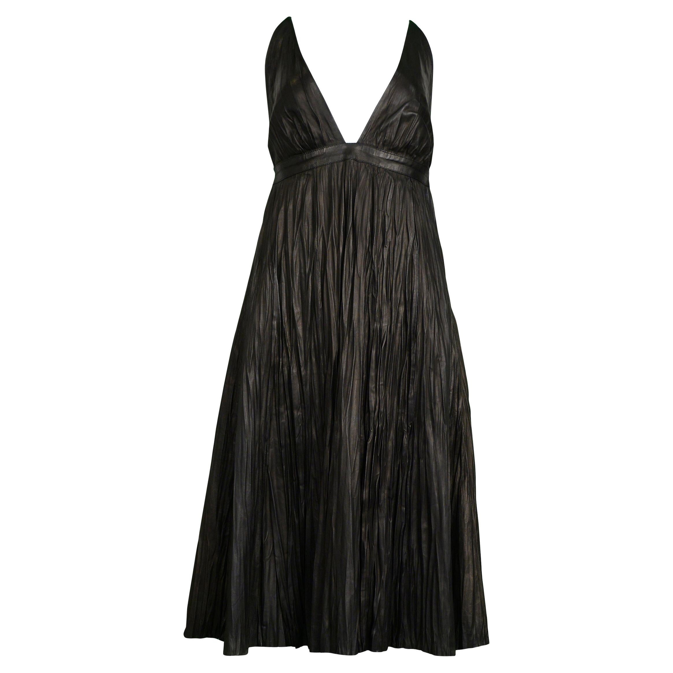 Vintage Alexander McQueen Black Leather Fortuny Crinkle Dress For Sale