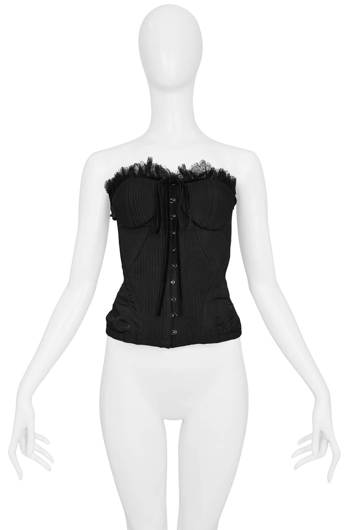 Vintage Alexander McQueen black pinstripe silk and taffeta corset top with fancy trim. 