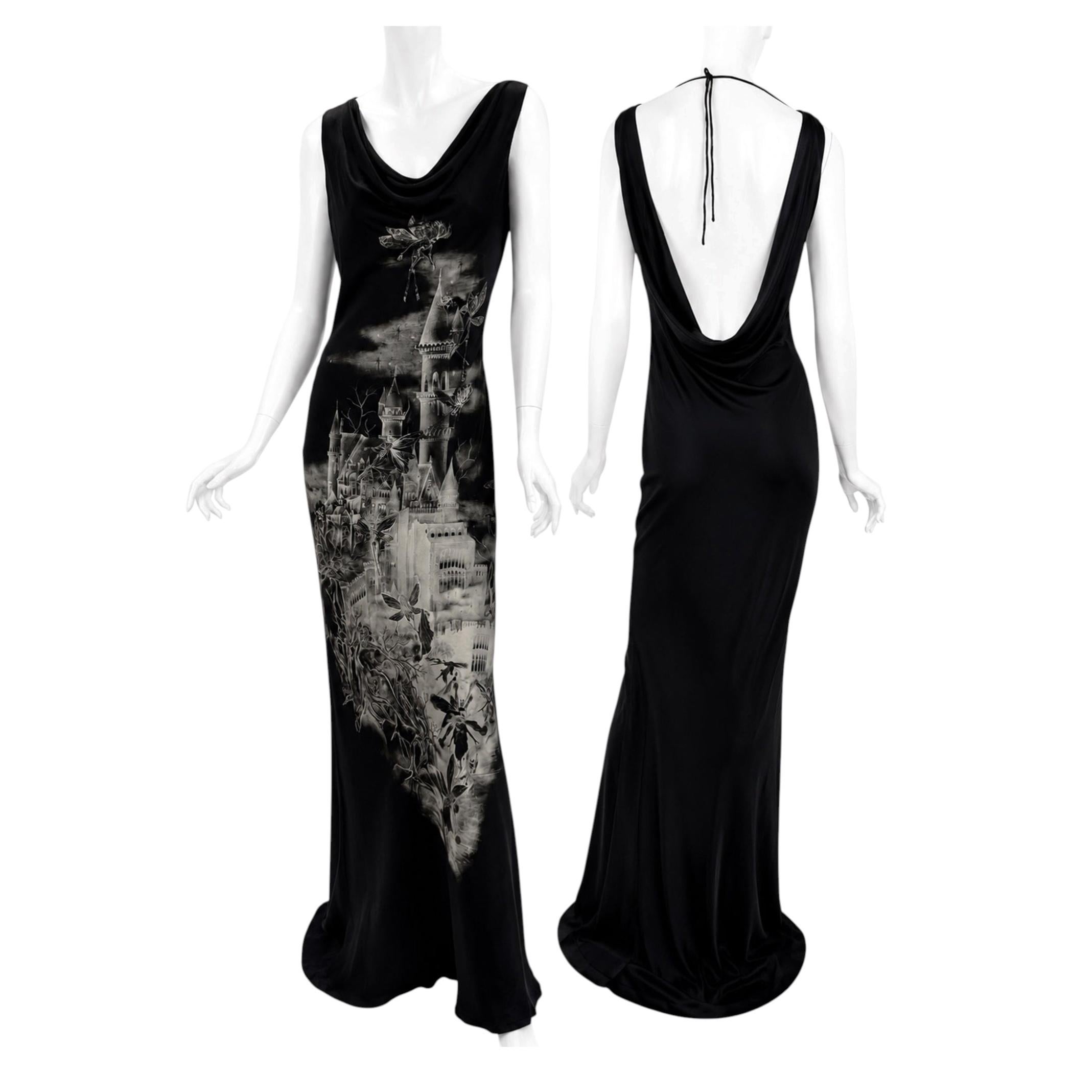 Vintage-Seidenkleid von Alexander McQueen, Herbst/Winter 2007, „Castle & Skeleton Fairy“, schwarz, Größe 42 im Angebot