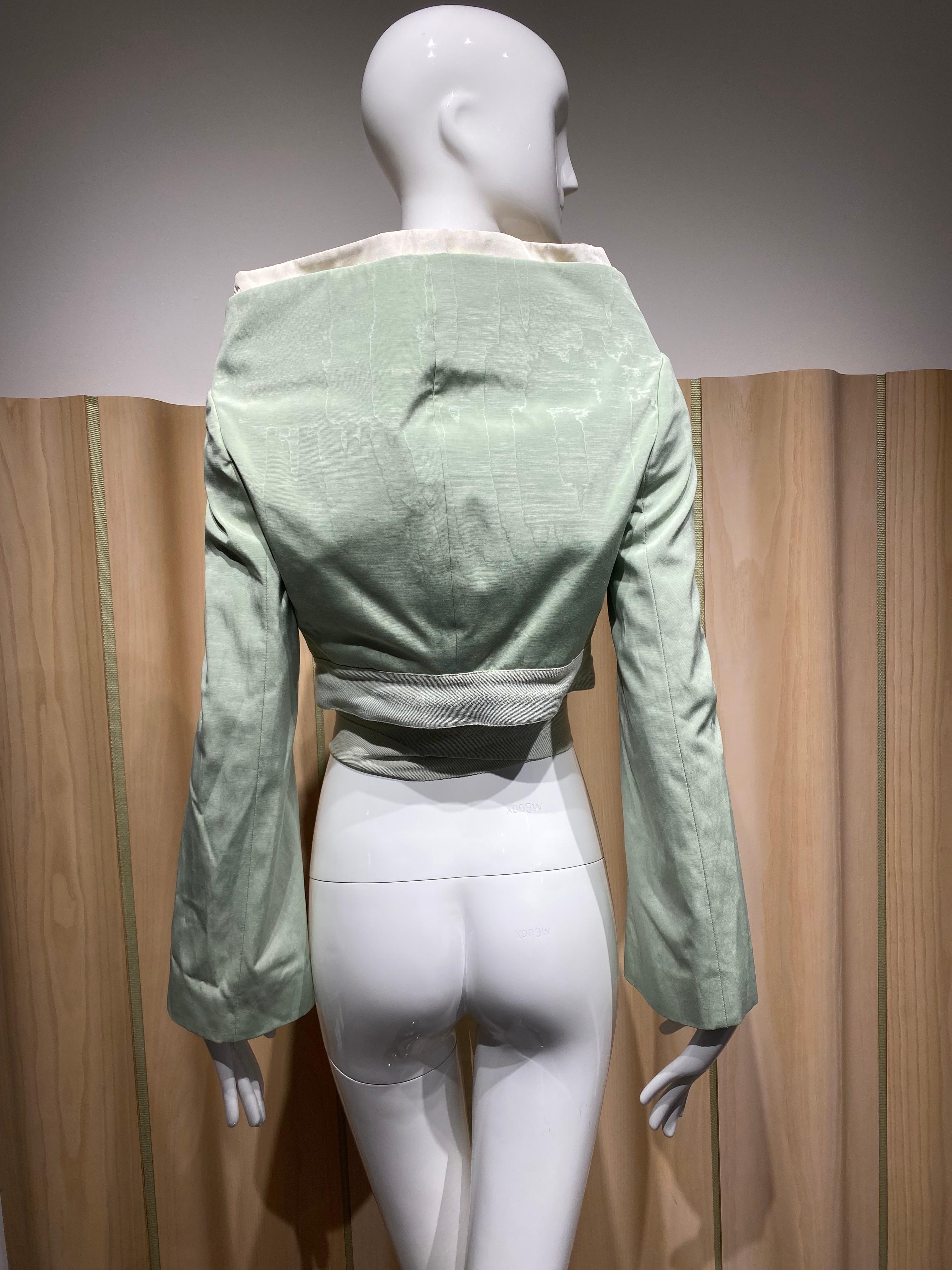 Vintage Alexander Mcqueen Light Green and Cream Silk Crop Jacket For Sale 5