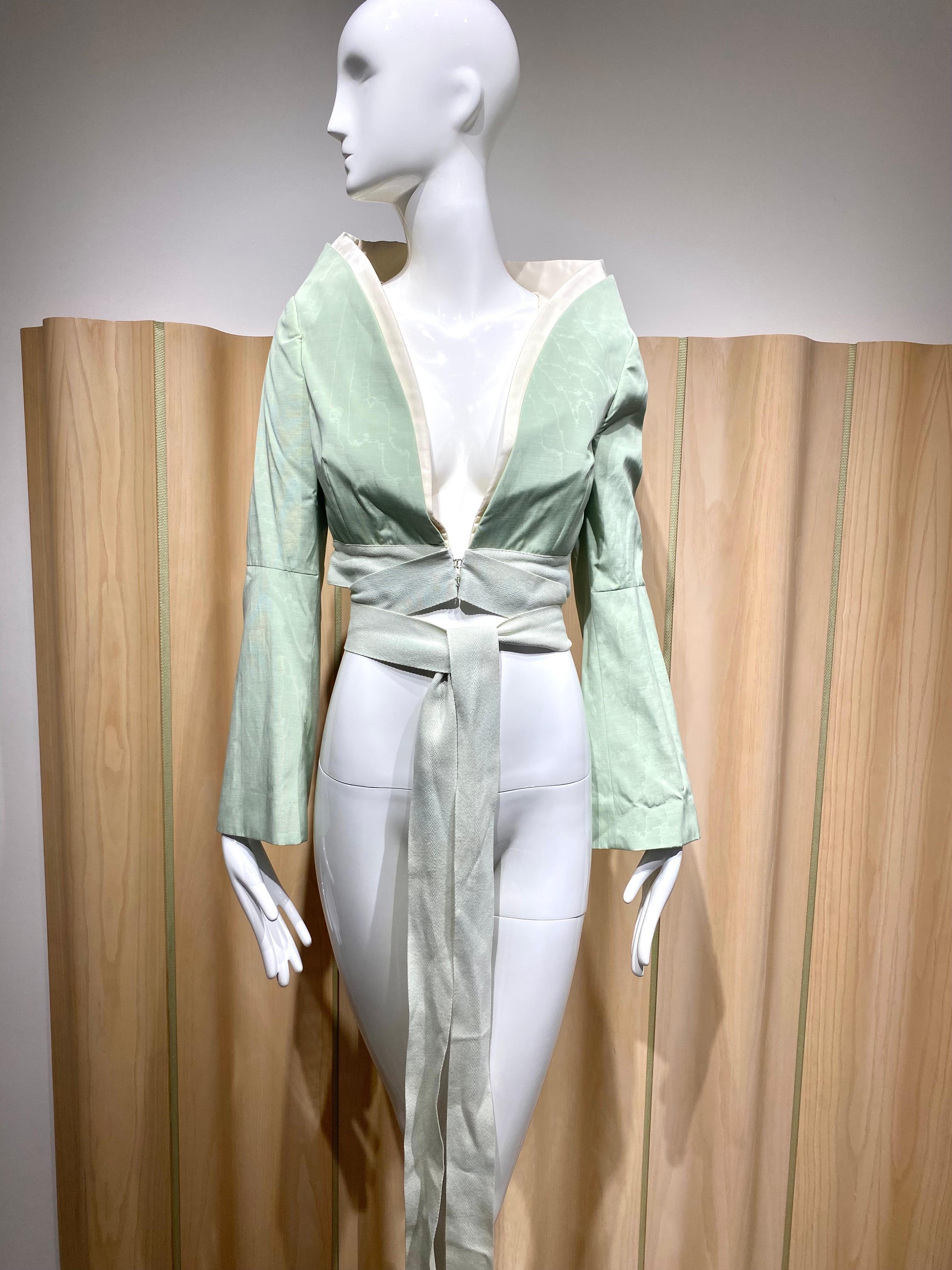 Vintage Alexander Mcqueen Light Green and Cream Silk Crop Jacket For Sale 6