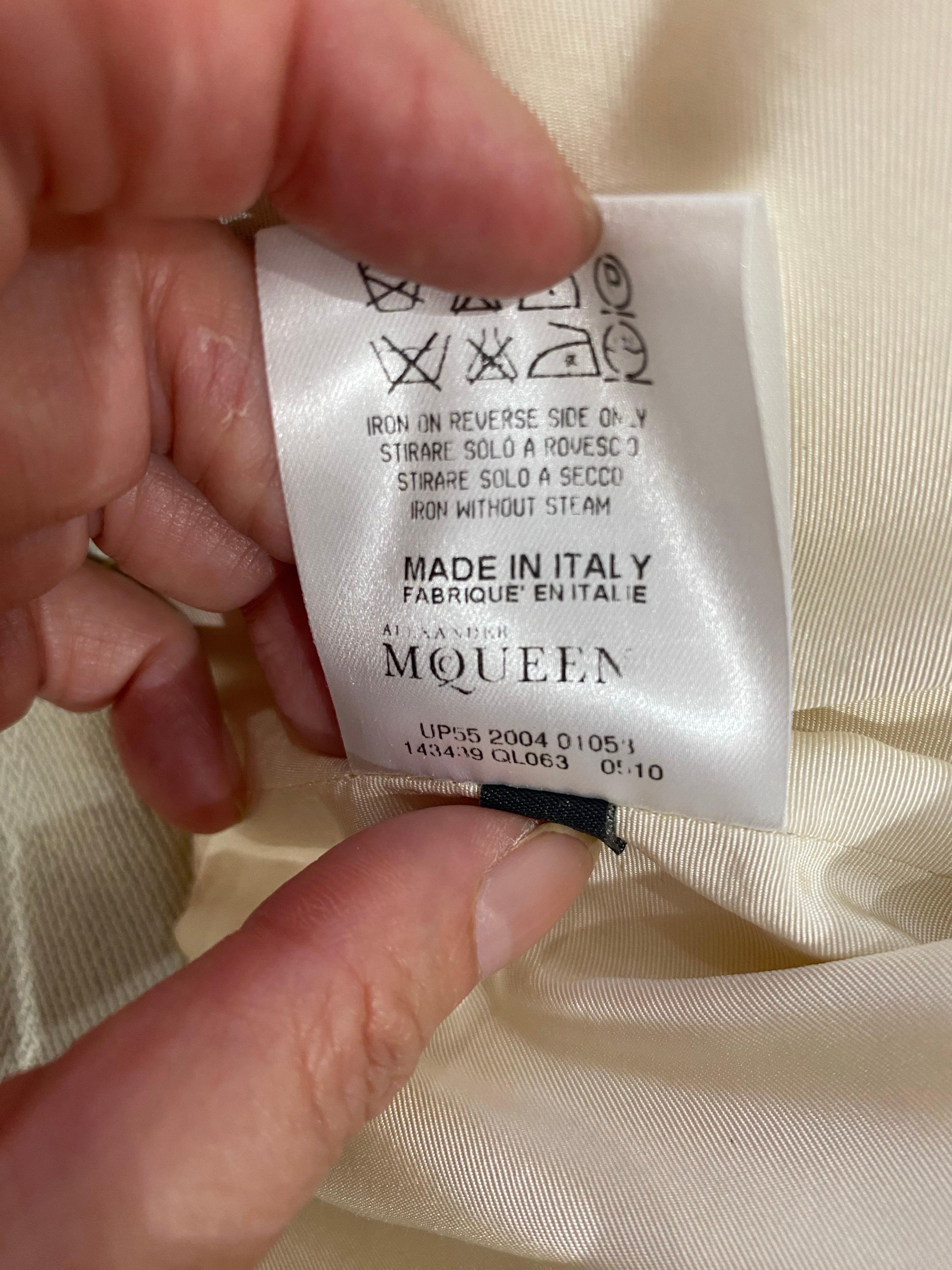 2004 Alexander Mcqueen light green and cream silk moiré crop long sleeve jacket. 
- long sash/belt
- water mark pattern 
- lined in silk

