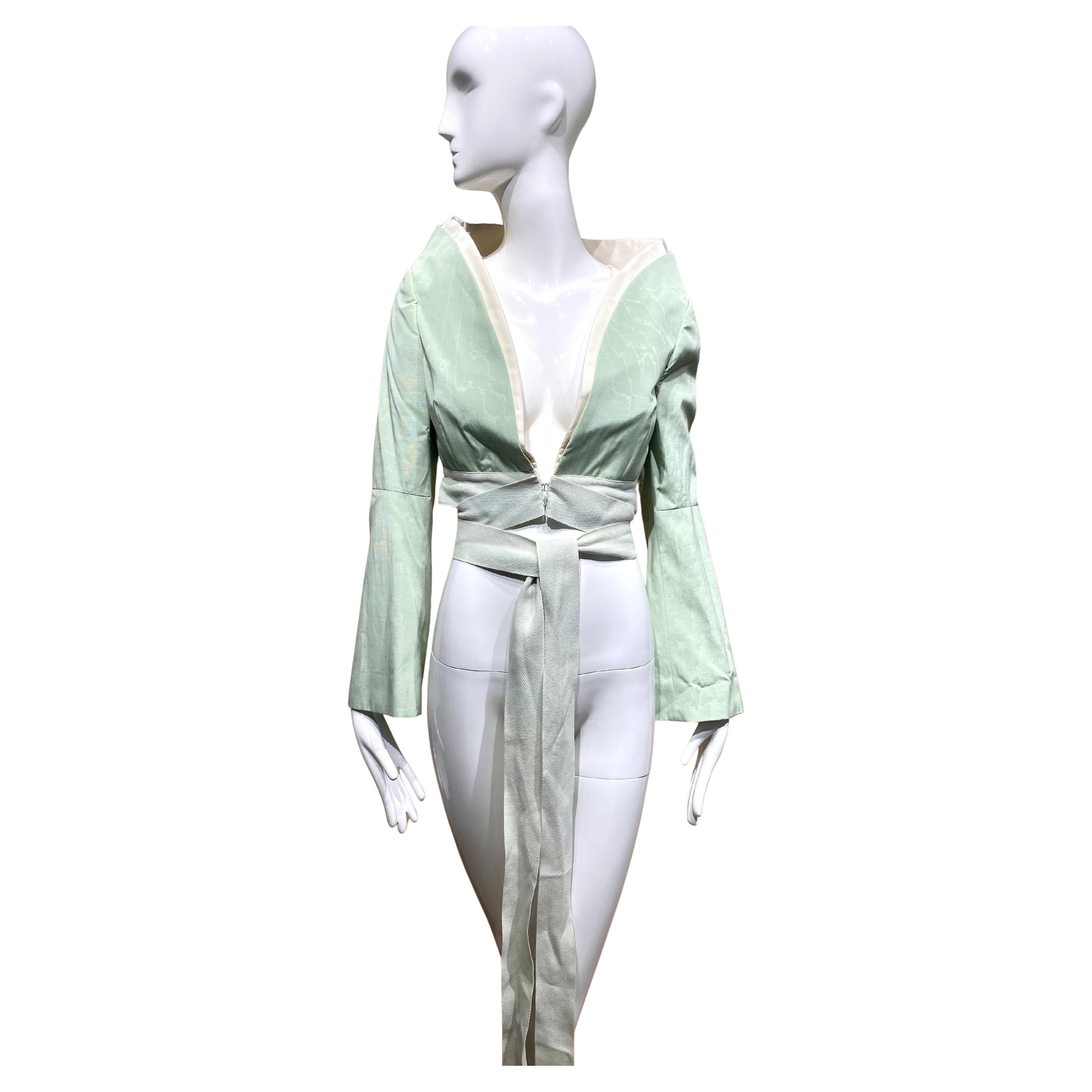 Vintage Alexander Mcqueen Light Green and Cream Silk Crop Jacket For Sale