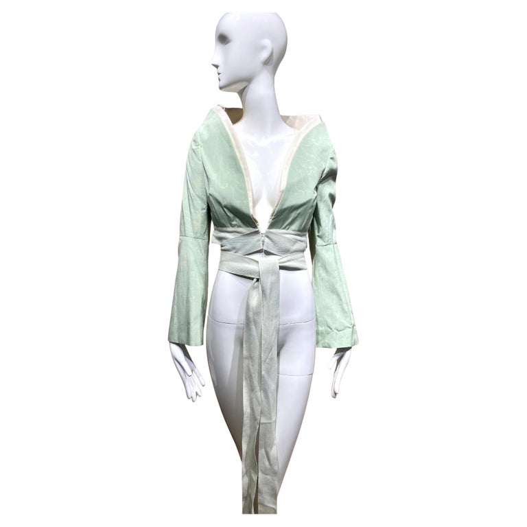 Vintage Alexander Mcqueen Light Green and Cream Silk Crop Jacket