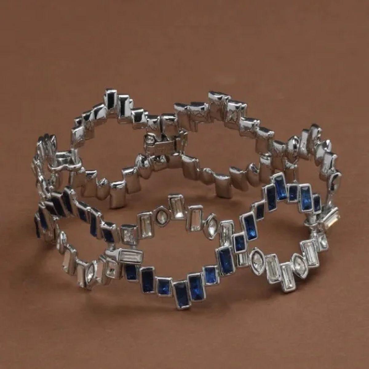 Art Deco Vintage ALEXIS BITTAR Designer Signed Sapphire Diamante Crystal Silver Bracelet For Sale
