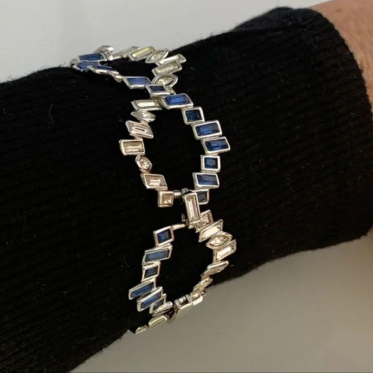 Mixed Cut Vintage ALEXIS BITTAR Designer Signed Sapphire Diamante Crystal Silver Bracelet For Sale