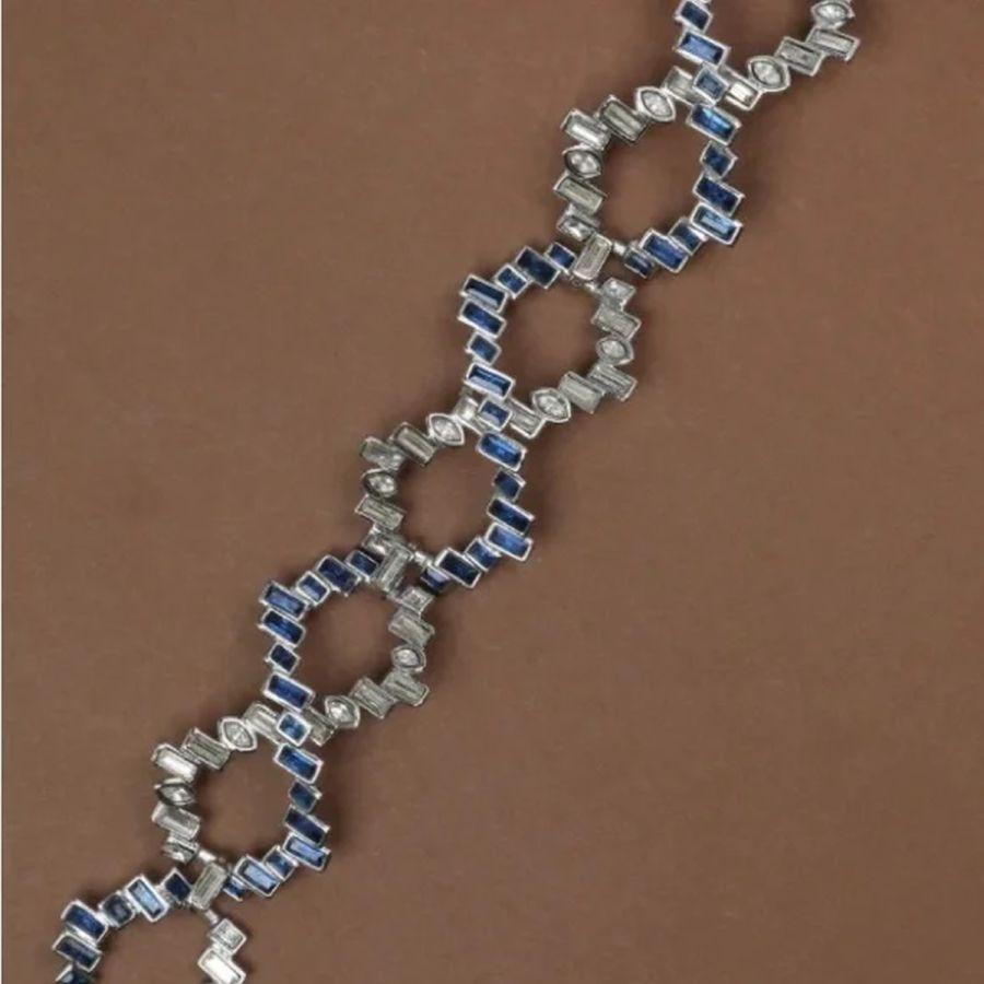 Vintage ALEXIS BITTAR Designer Signed Sapphire Diamante Crystal Silver Bracelet In New Condition For Sale In Montreal, QC