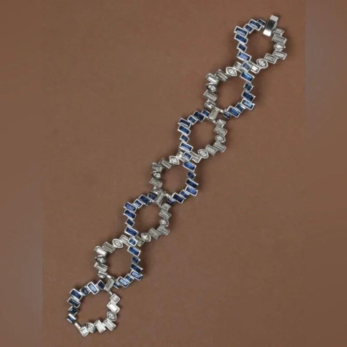 Women's or Men's Vintage ALEXIS BITTAR Designer Signed Sapphire Diamante Crystal Silver Bracelet For Sale