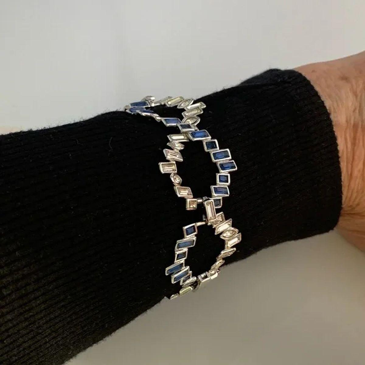 Vintage ALEXIS BITTAR Designer Signed Sapphire Diamante Crystal Silver Bracelet For Sale 3