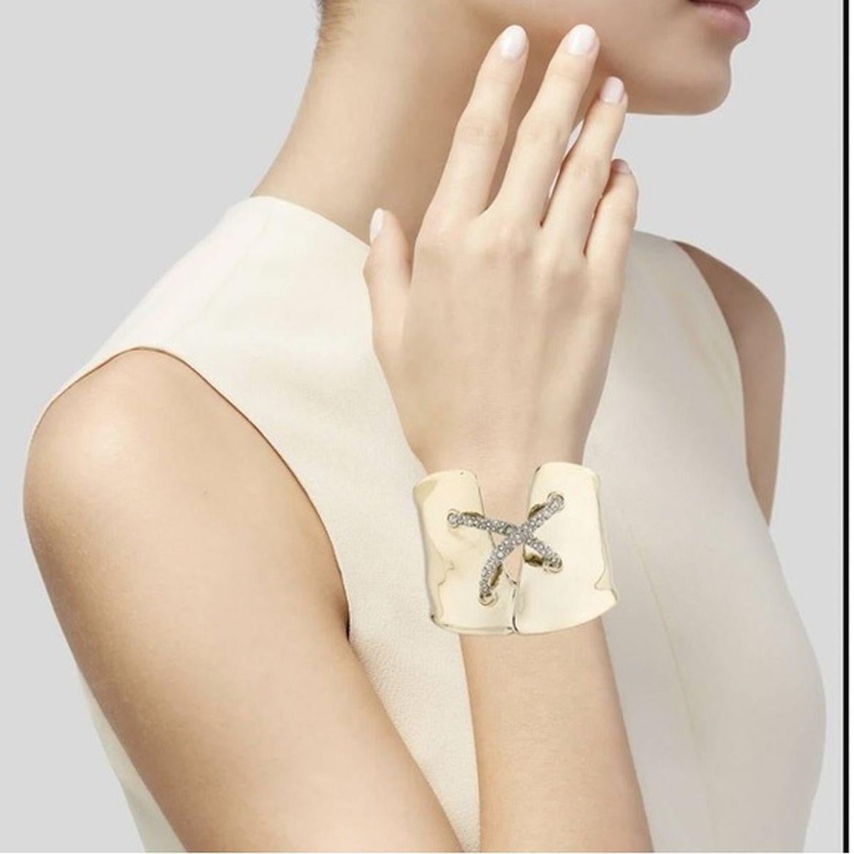 Modern Vintage Alexis Bittar Designer X Encrusted Crystals Golden Cuff Bracelet For Sale