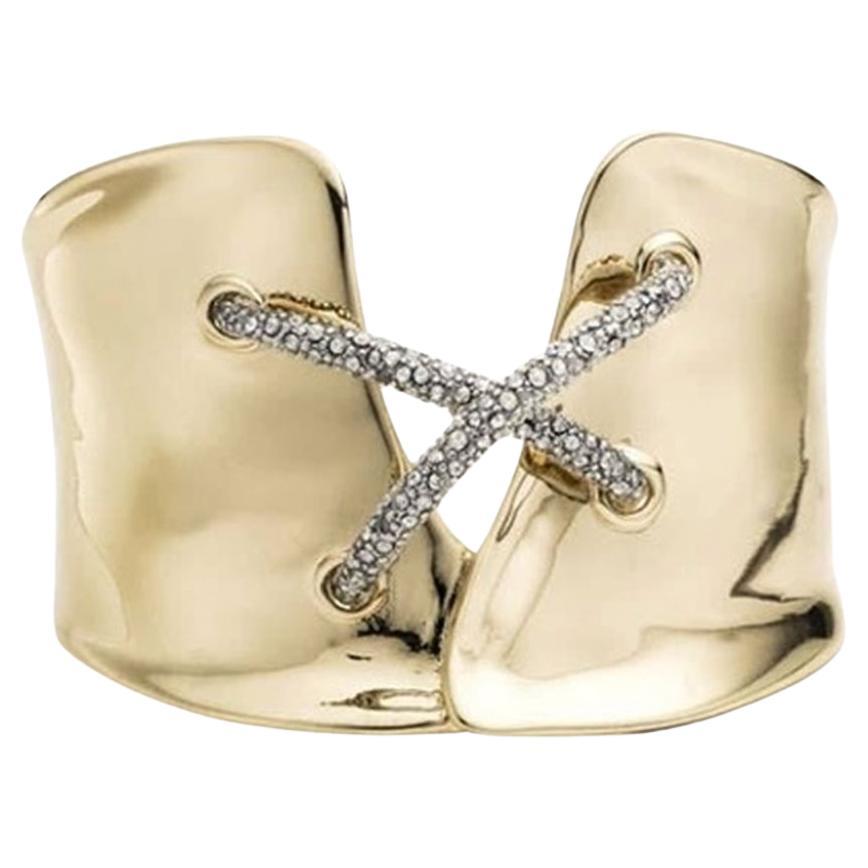 Vintage Alexis Bittar Designer X Encrusted Crystals Golden Cuff Bracelet For Sale
